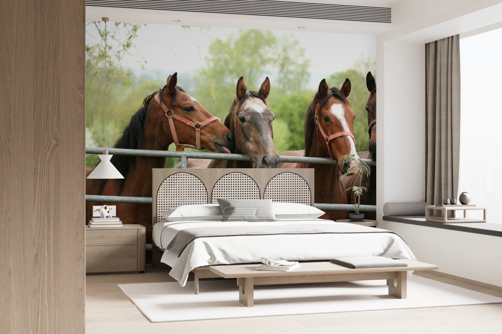 Fototapeta w zagrodzie znajdują się cztery brązowe konie