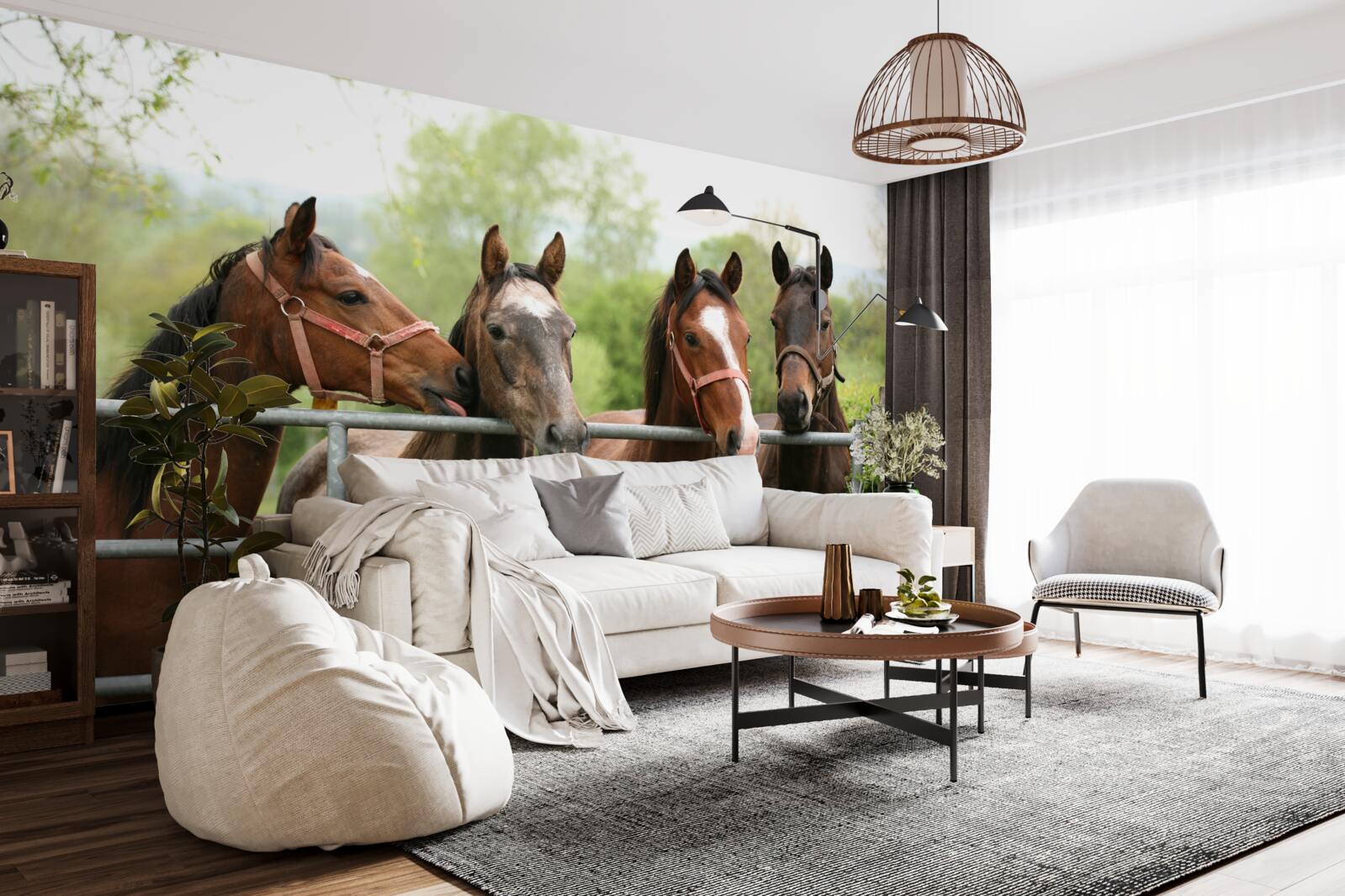 Fototapeta w zagrodzie znajdują się cztery brązowe konie