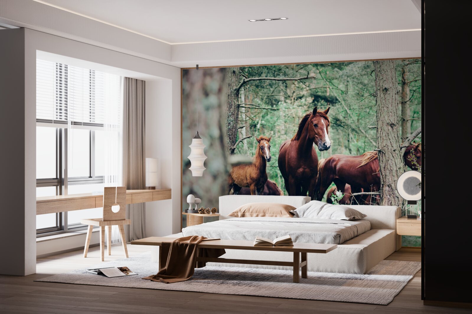 Fototapeta konie spacerują po lesie wiosną