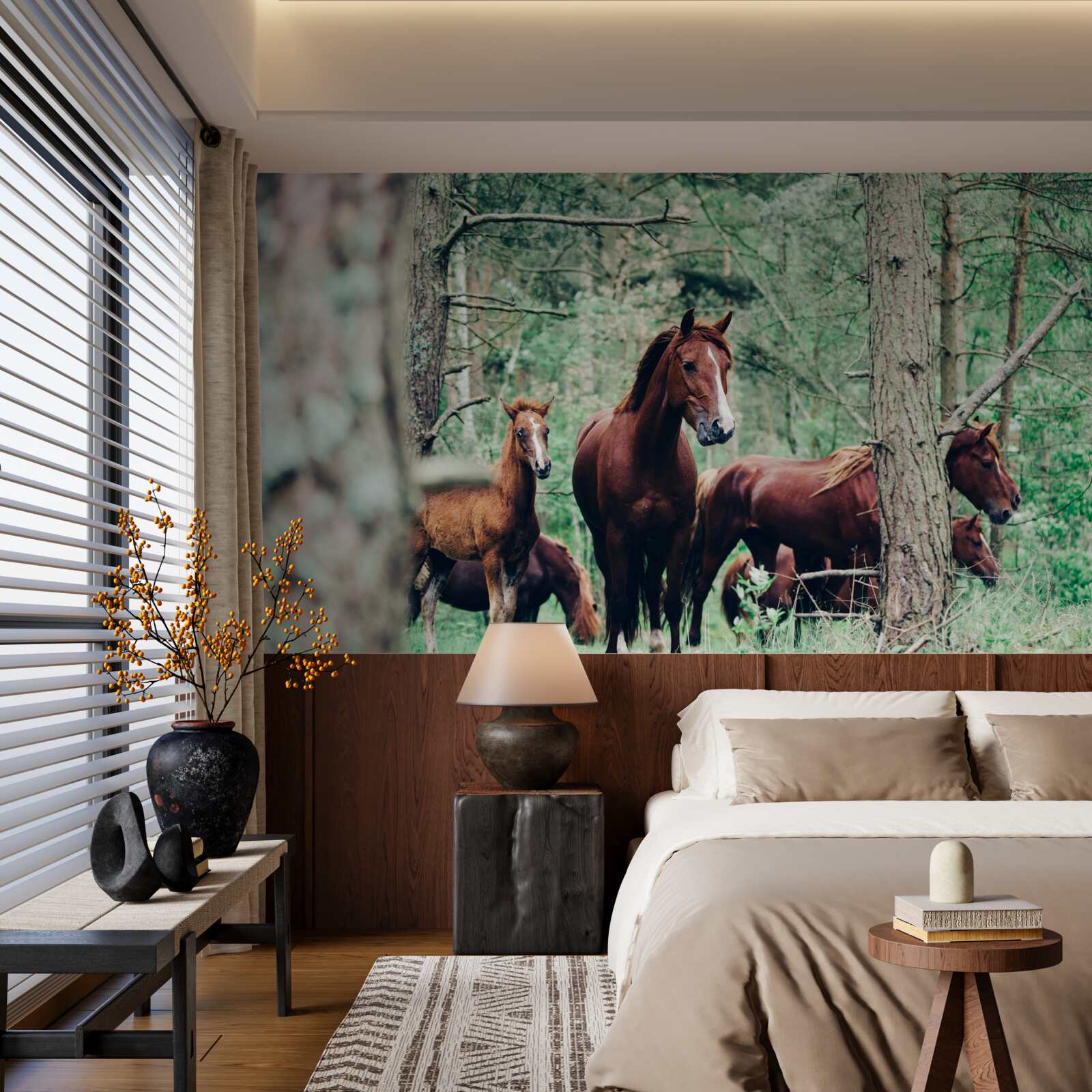 Fototapeta konie spacerują po lesie wiosną