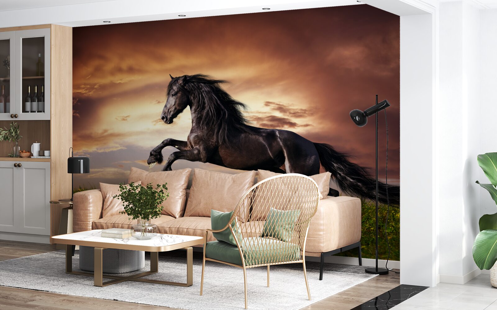 Fototapeta silny koń skaczący po zielonej trawie