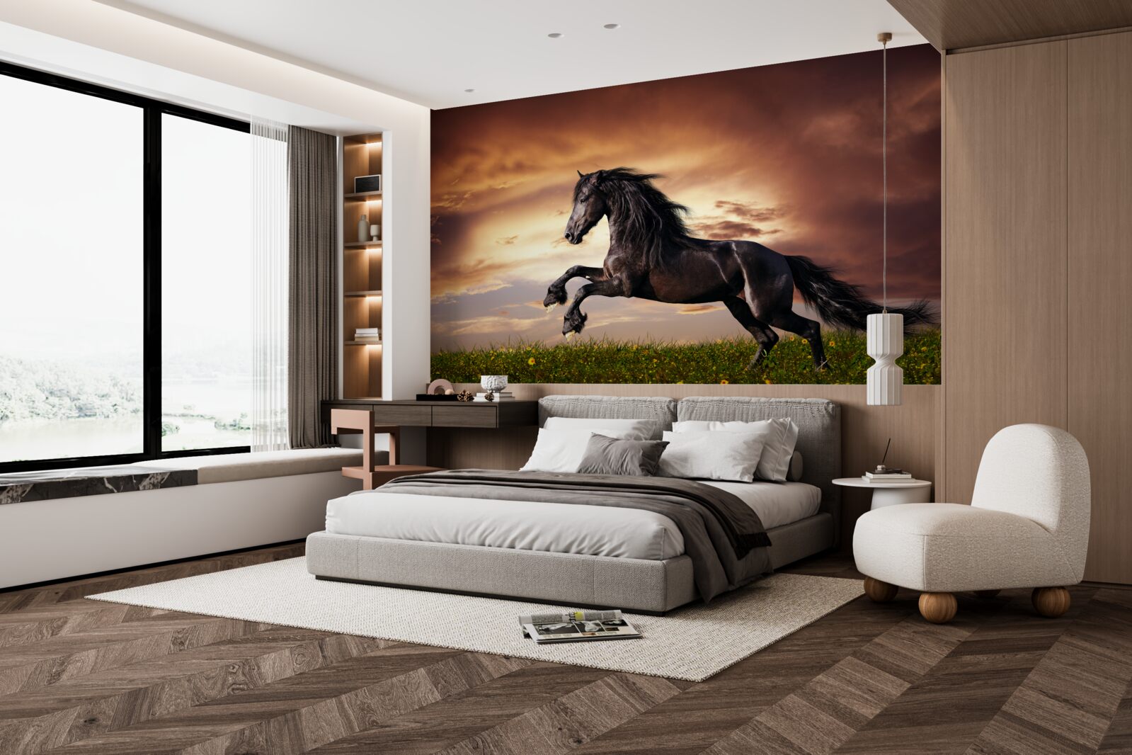 Fototapeta silny koń skaczący po zielonej trawie