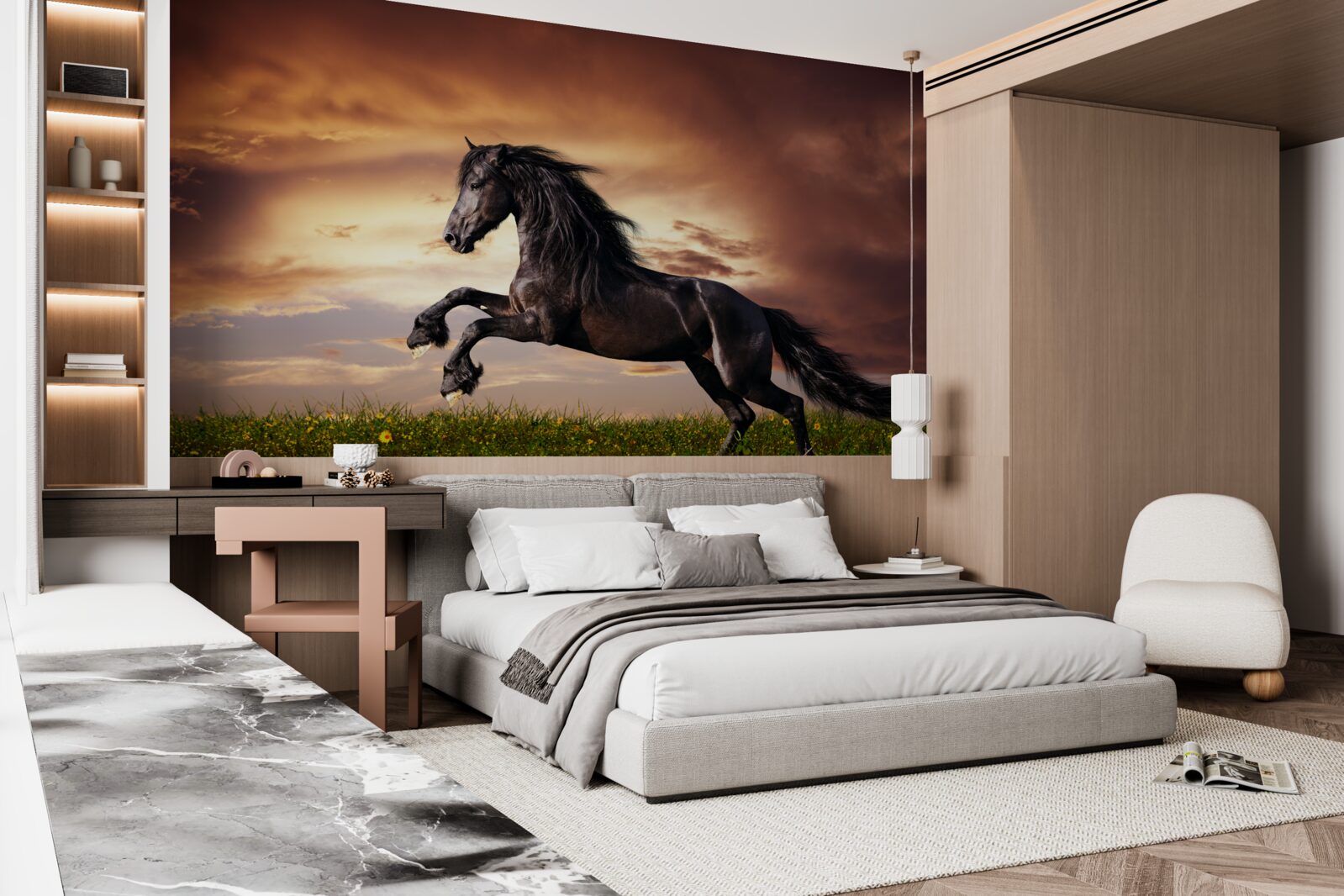 Fototapeta silny koń skaczący po zielonej trawie