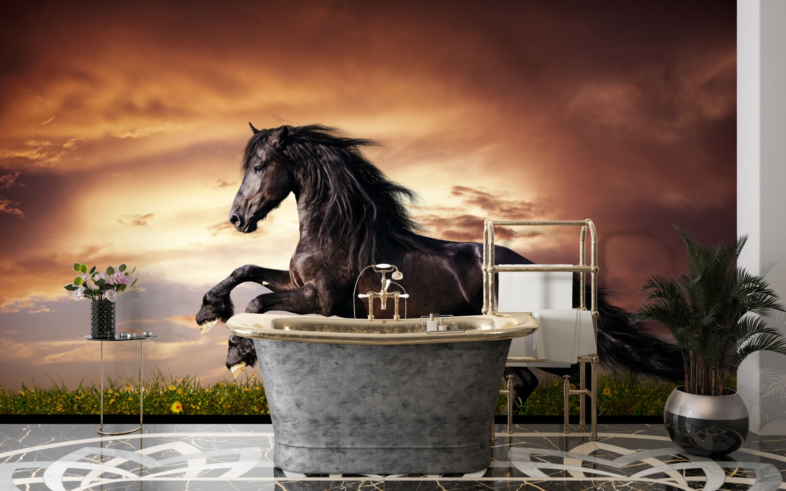 Fototapeta silny koń skaczący po zielonej trawie