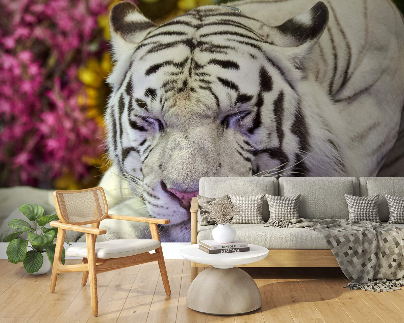 Fototapeta wśród kwiatów odpoczywa biały tygrys