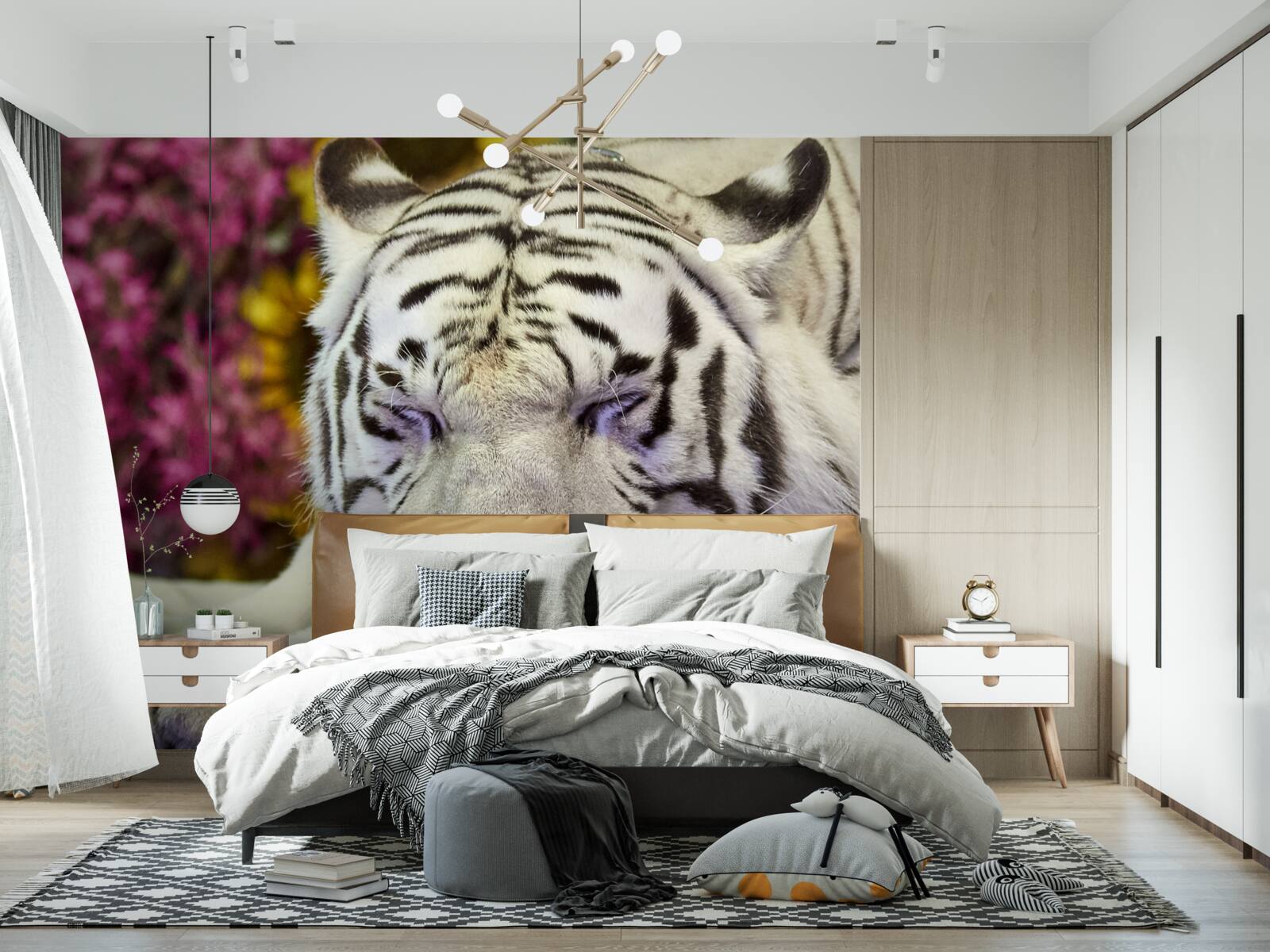 Fototapeta wśród kwiatów odpoczywa biały tygrys