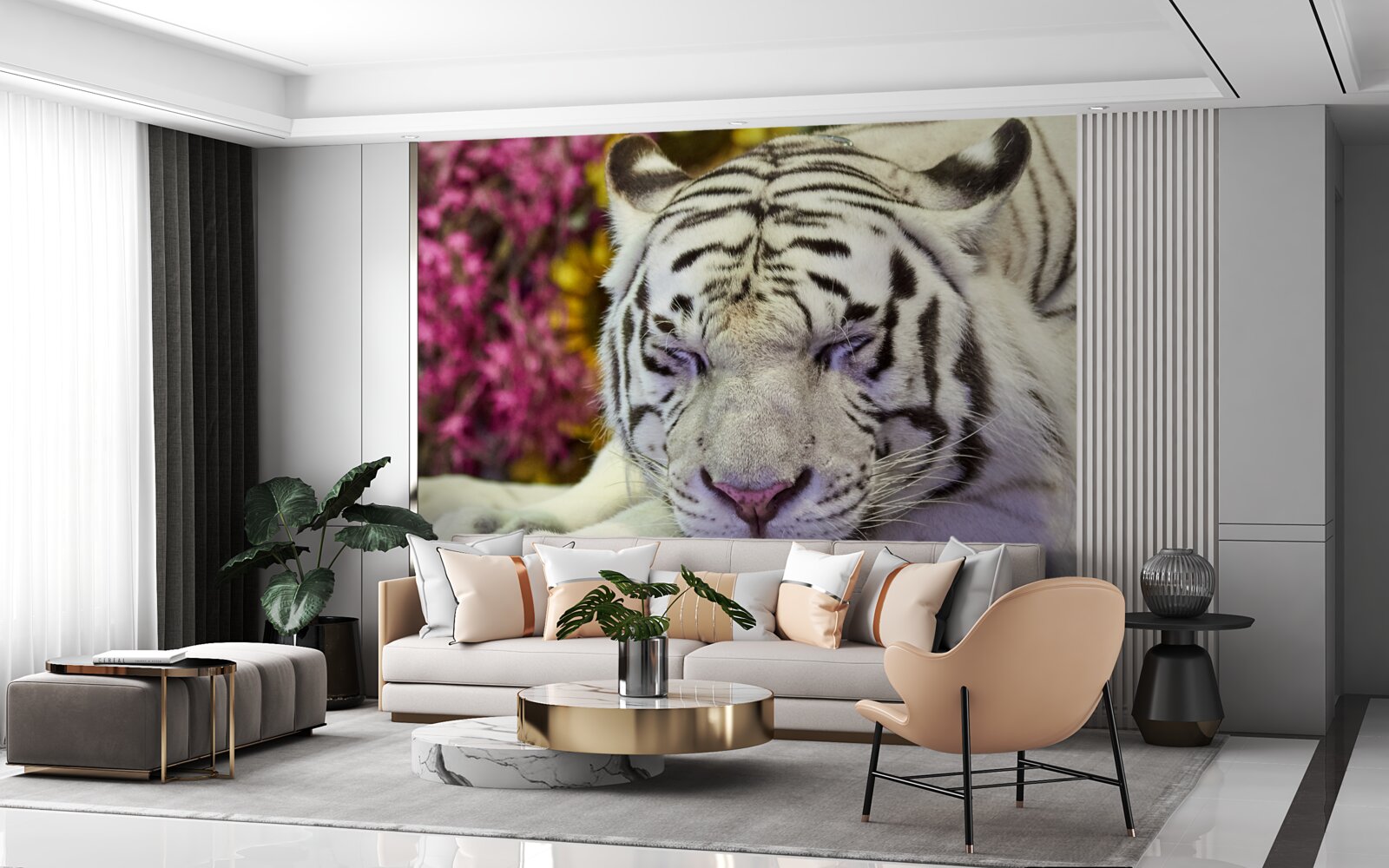 Fototapeta wśród kwiatów odpoczywa biały tygrys