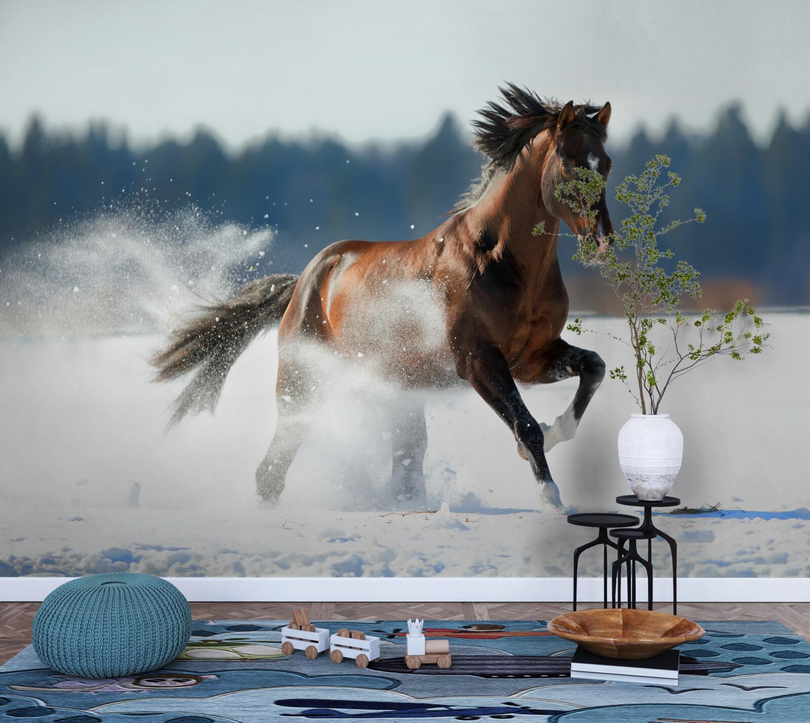 Fototapeta koń galopuje po śniegu