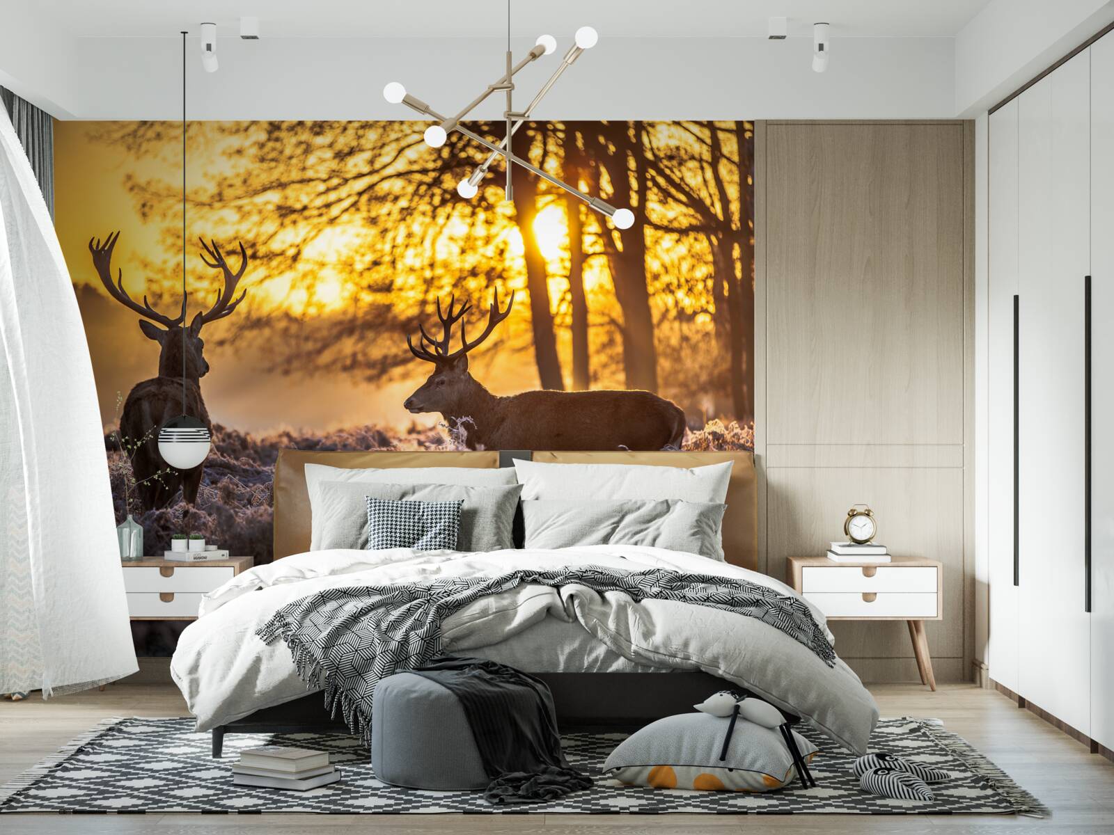 Fototapeta zachodowi słońca towarzyszą dorosłe jelenie