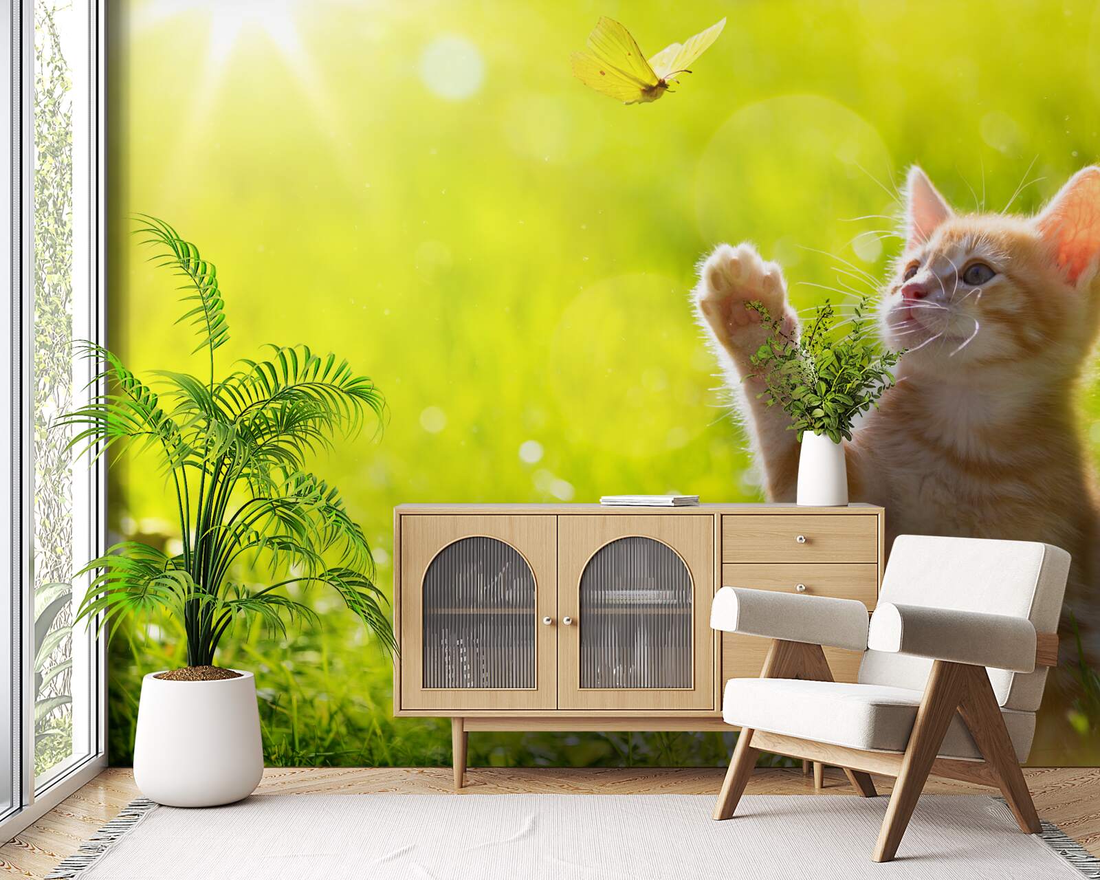 Fototapeta mały kot bawi się z motylem na zielonym polu