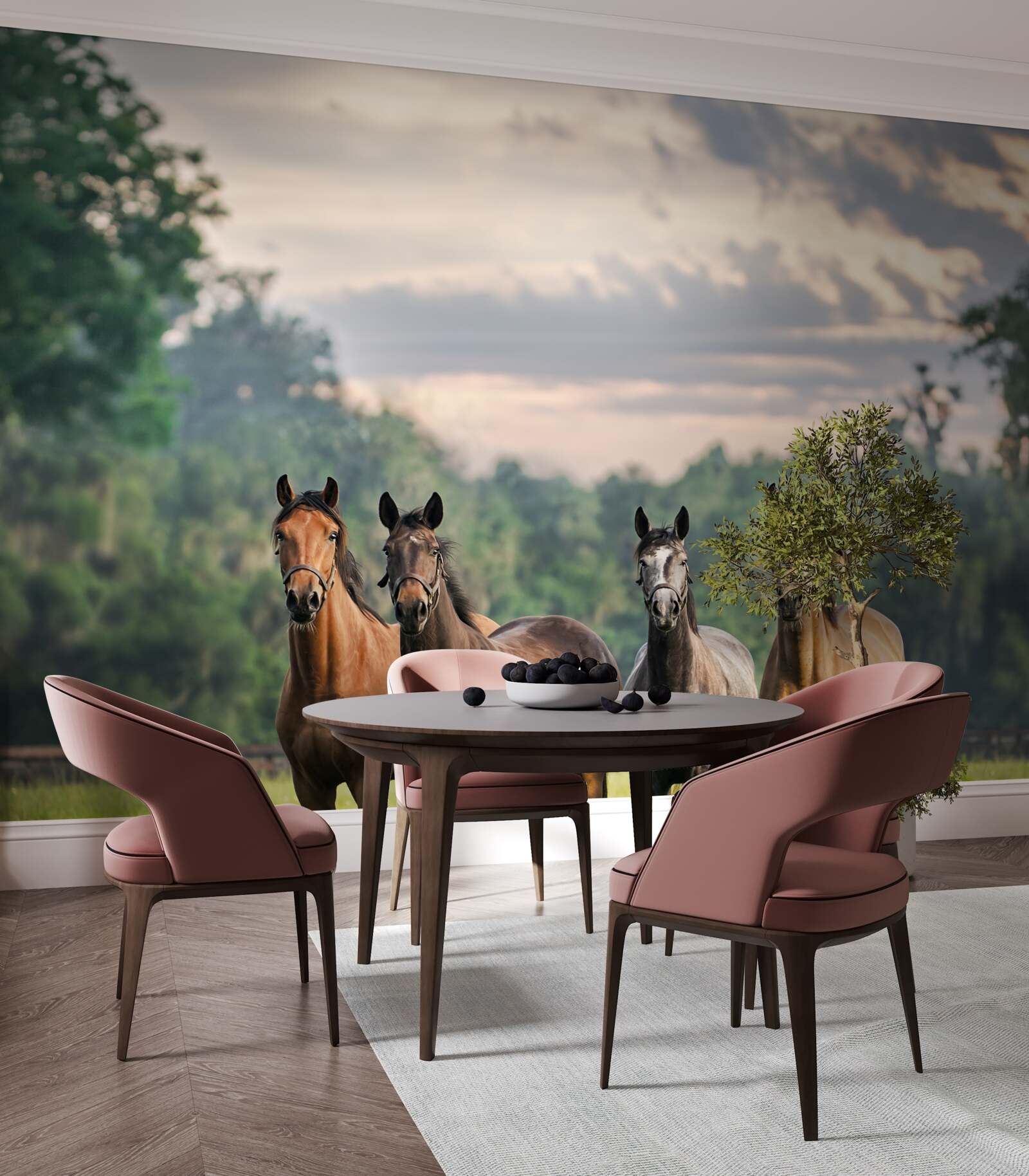 Fototapeta cztery konie odpoczywają w stadzie na łące