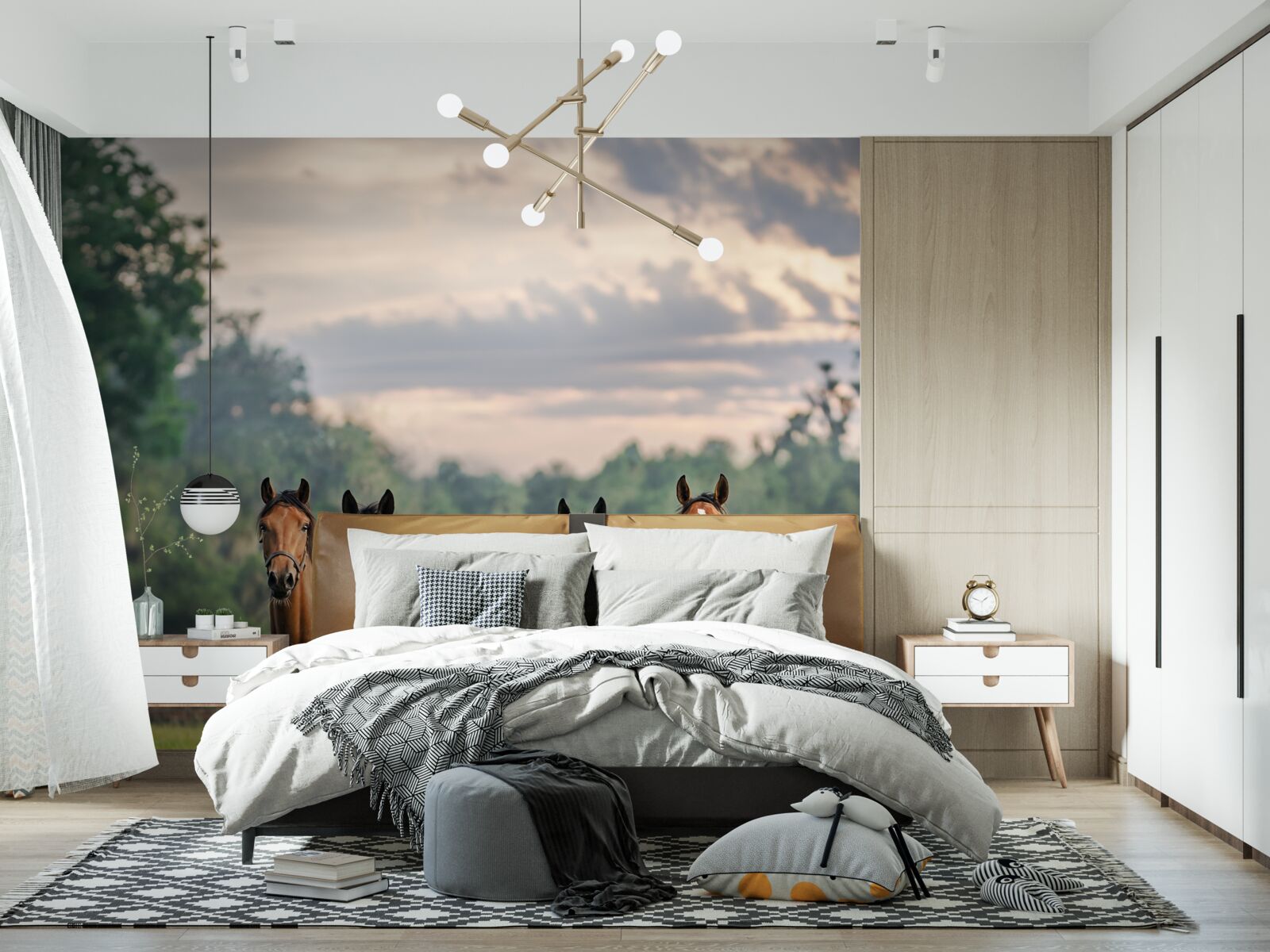 Fototapeta cztery konie odpoczywają w stadzie na łące