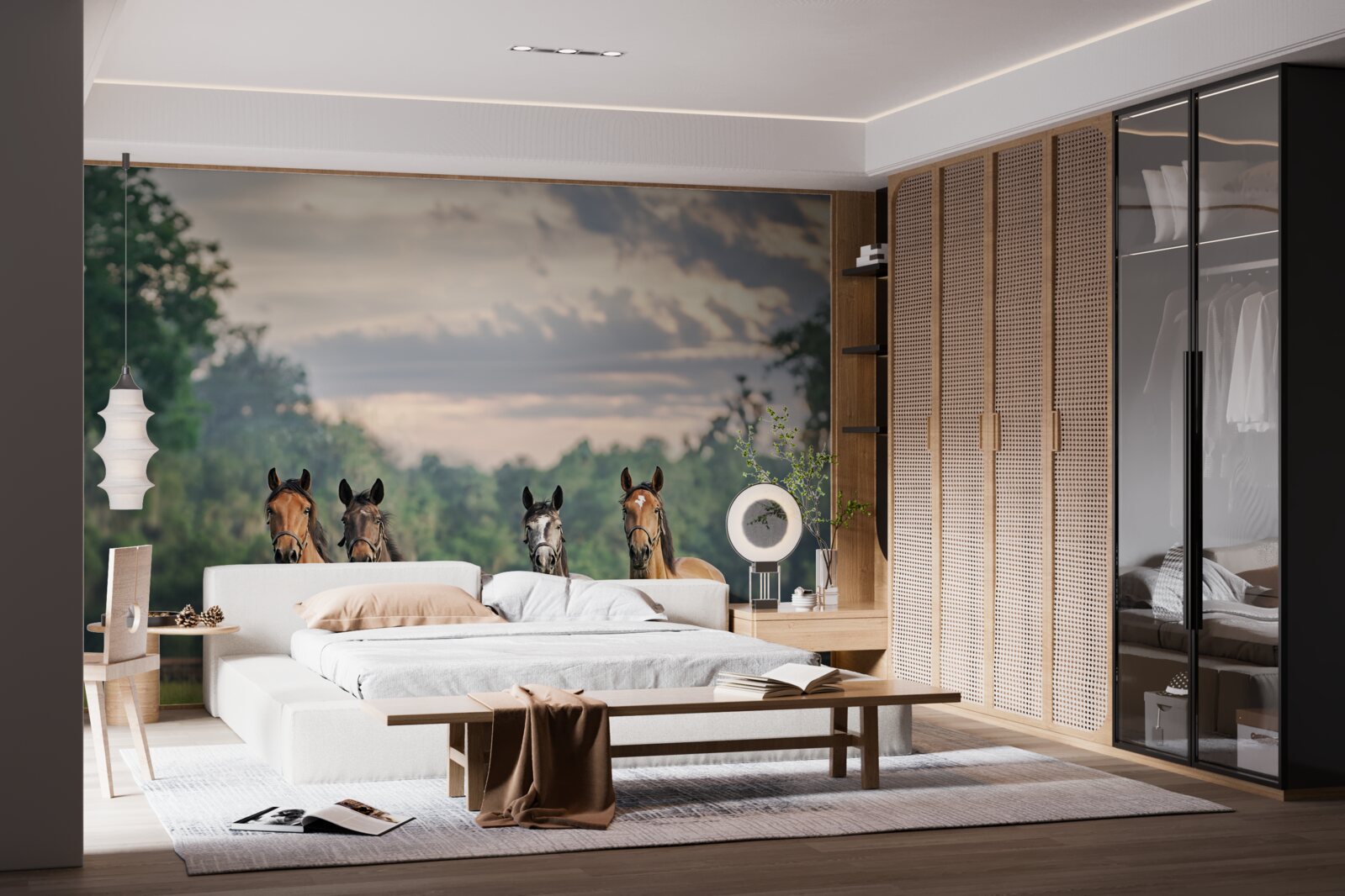 Fototapeta cztery konie odpoczywają w stadzie na łące