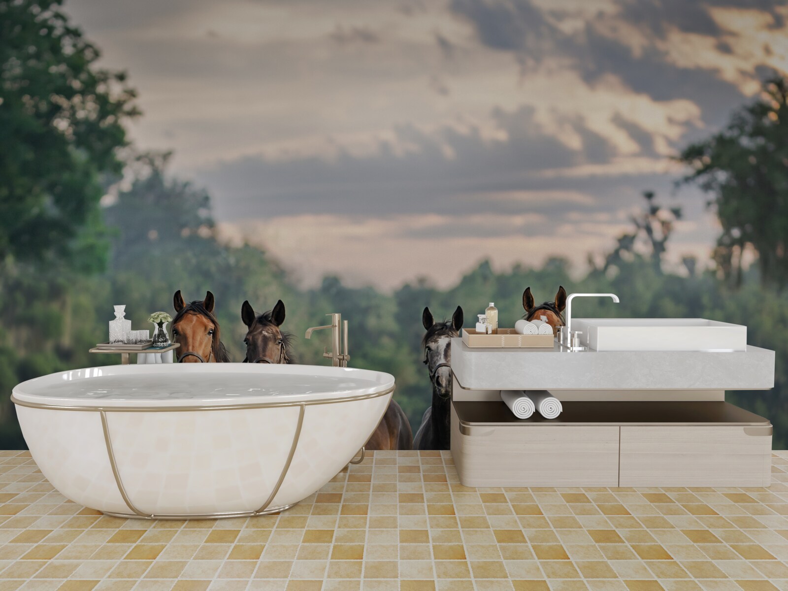 Fototapeta cztery konie odpoczywają w stadzie na łące