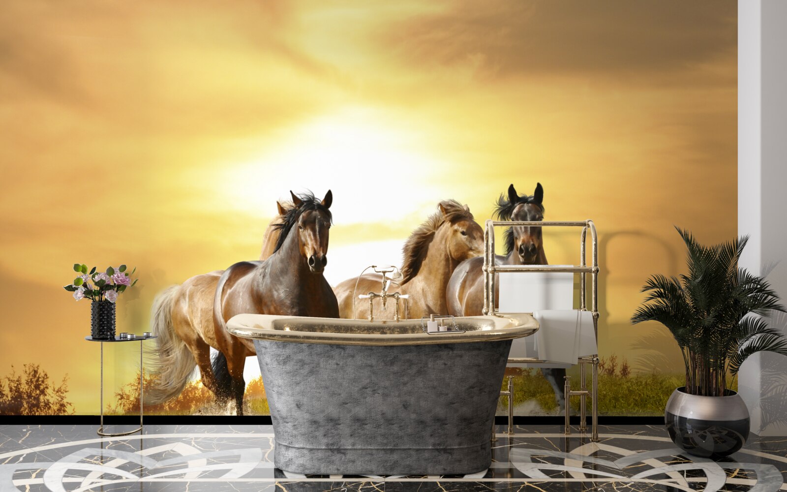 Fototapeta konie pędzą w stronę zachodzącego słońca