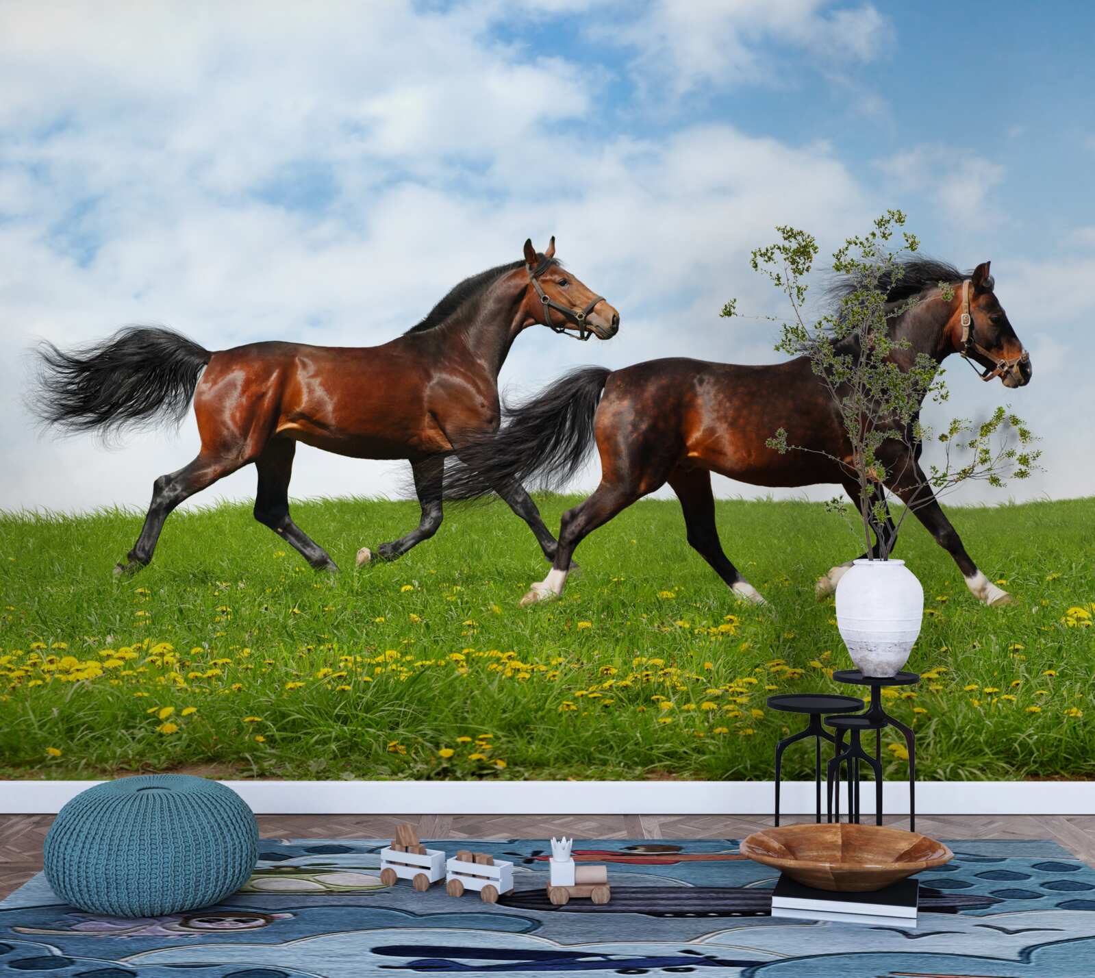 Fototapeta wczesne konie biegające przez polanę