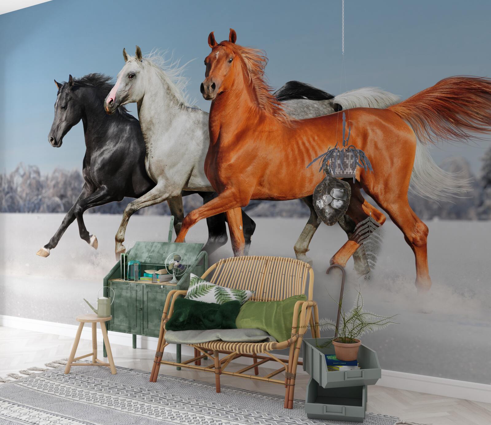 Fototapeta trzy konie galopujące po zaśnieżonym terenie