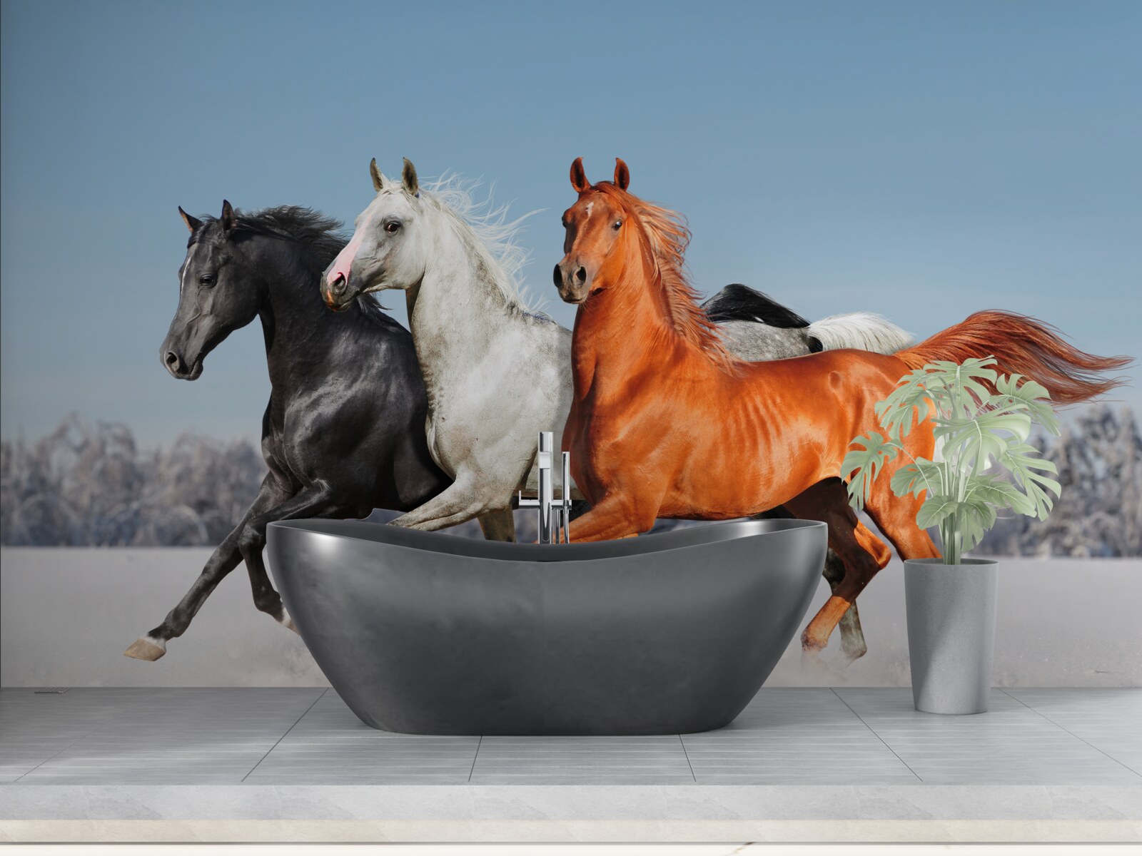 Fototapeta trzy konie galopujące po zaśnieżonym terenie