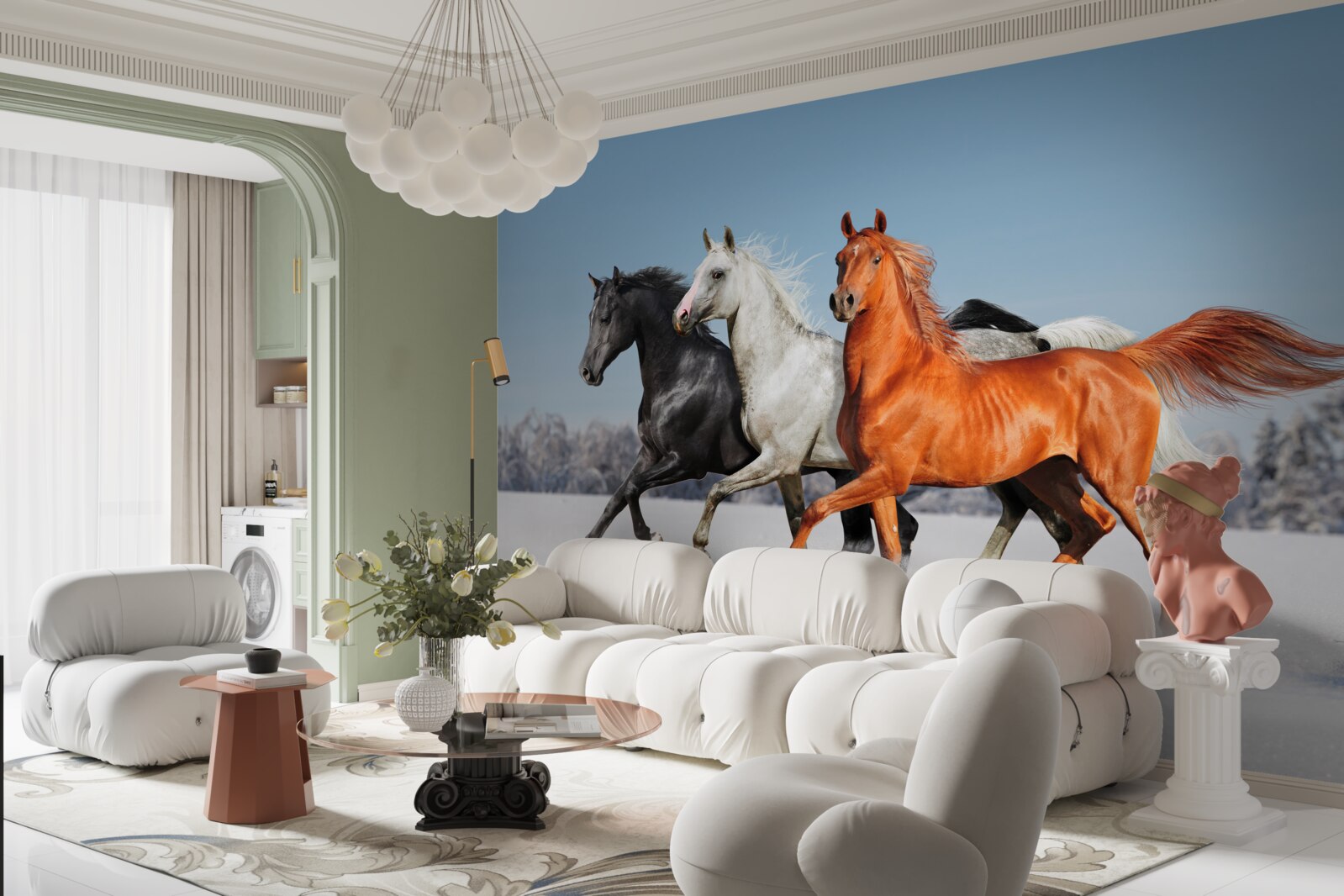 Fototapeta trzy konie galopujące po zaśnieżonym terenie