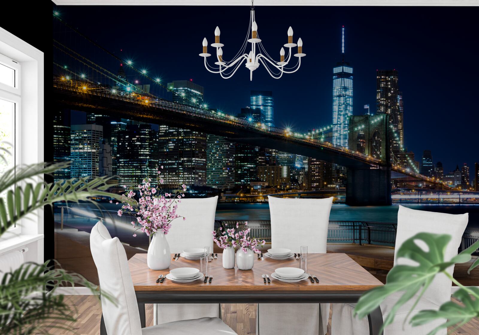 Fototapeta most w nowym jorku łączący obszary nocą