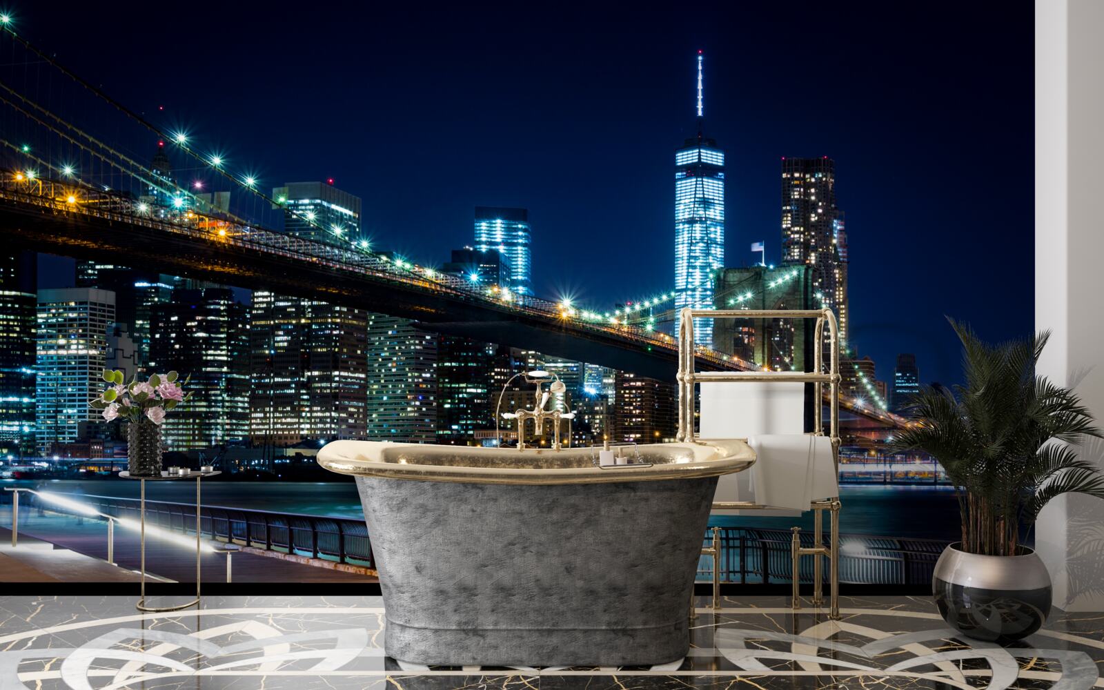 Fototapeta most w nowym jorku łączący obszary nocą