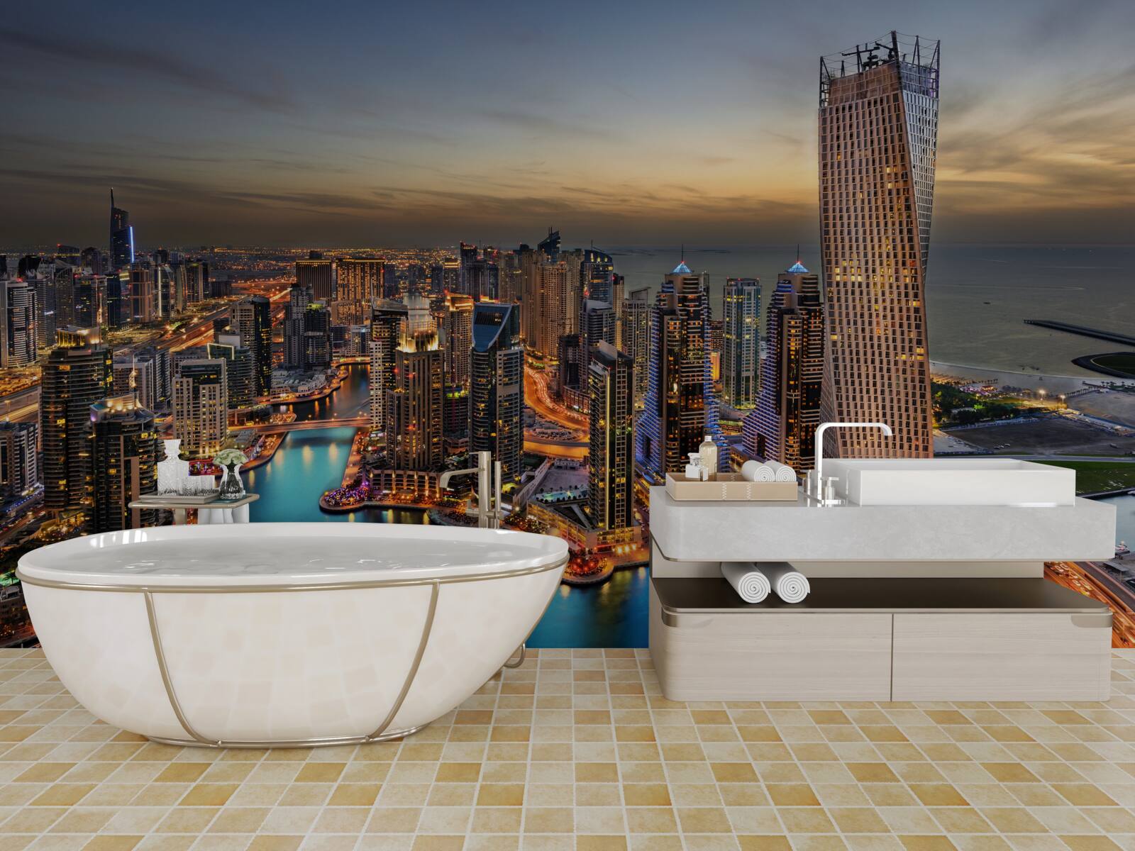 Fototapeta panorama wieczornych budynków w dubaju