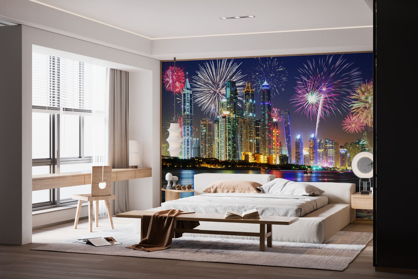 Fototapeta jasne fajerwerki na niebie nad miastem