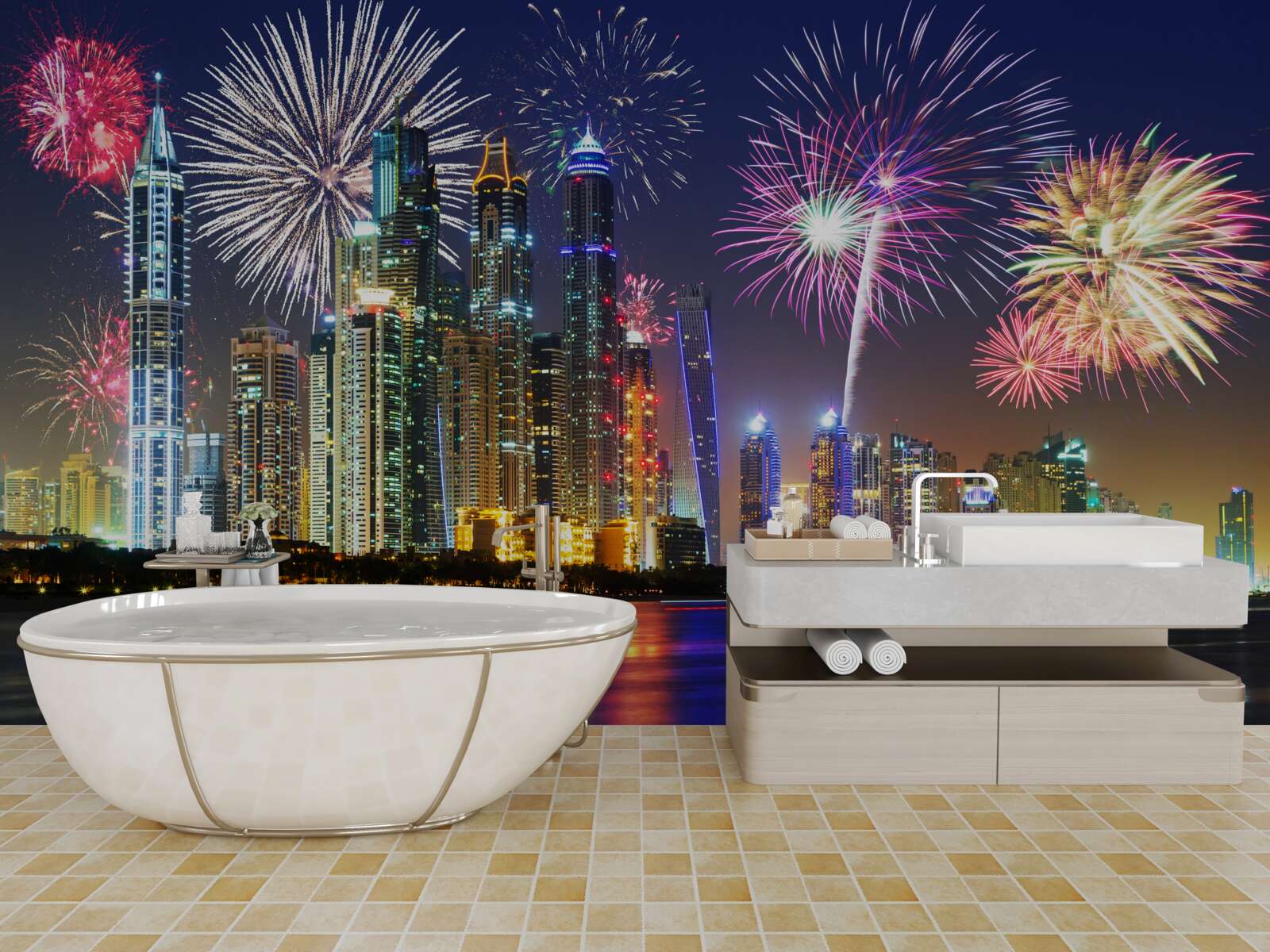 Fototapeta jasne fajerwerki na niebie nad miastem