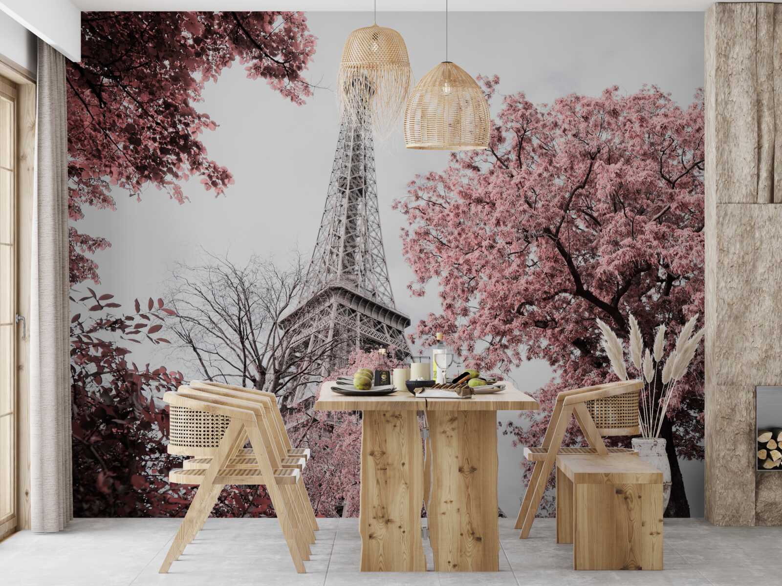 Fototapeta wieża eiffla otoczona jest kwiatami wiśni
