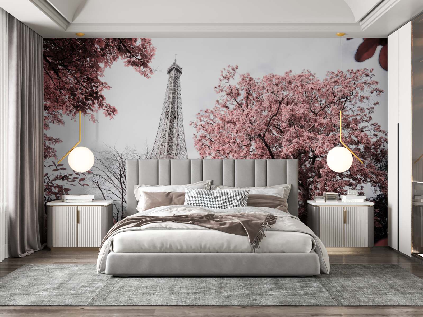Fototapeta wieża eiffla otoczona jest kwiatami wiśni