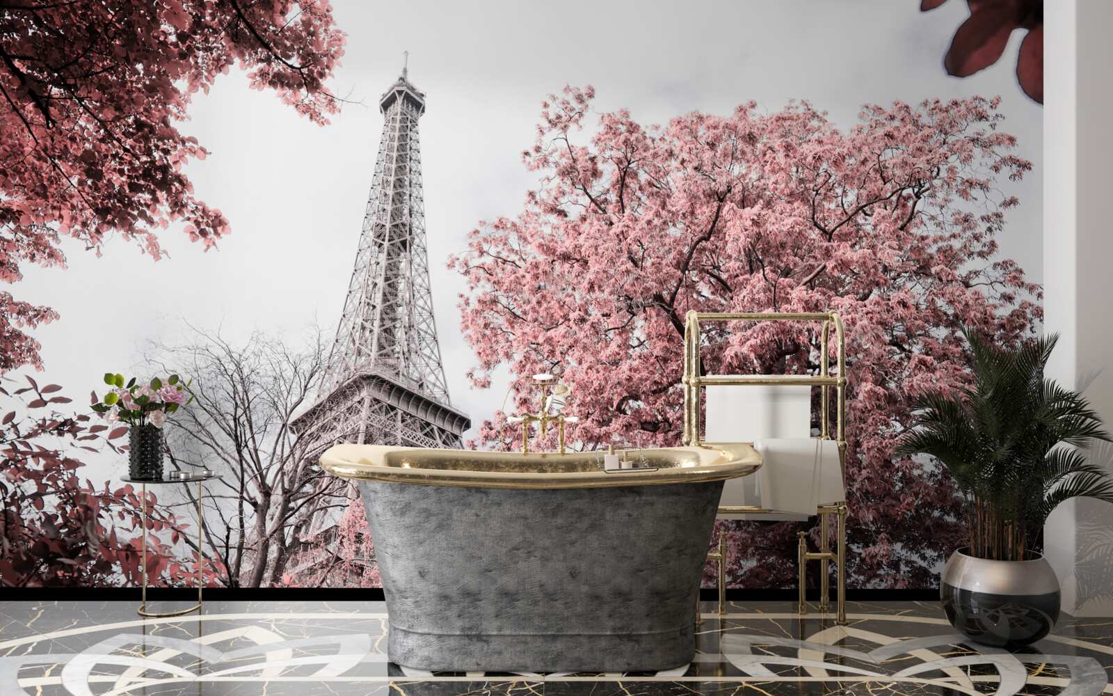 Fototapeta wieża eiffla otoczona jest kwiatami wiśni