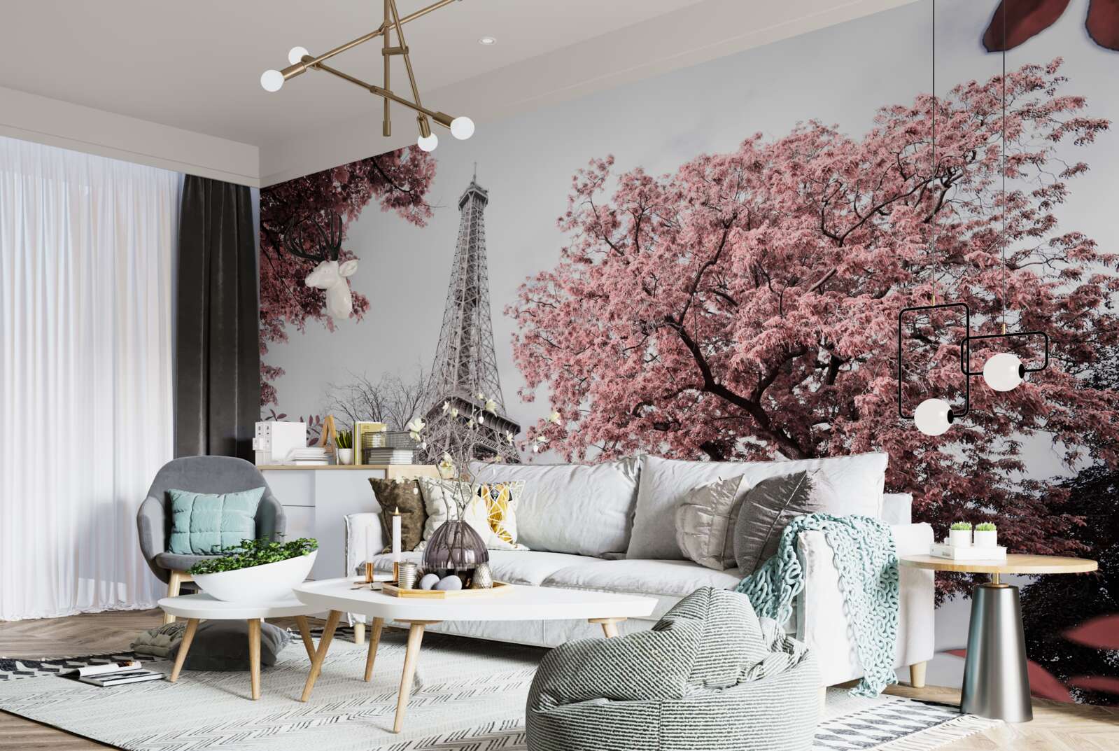 Fototapeta wieża eiffla otoczona jest kwiatami wiśni