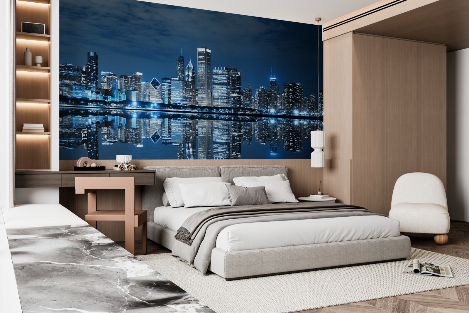 Fototapeta odbicie świateł miasta na powierzchni wody w nocy