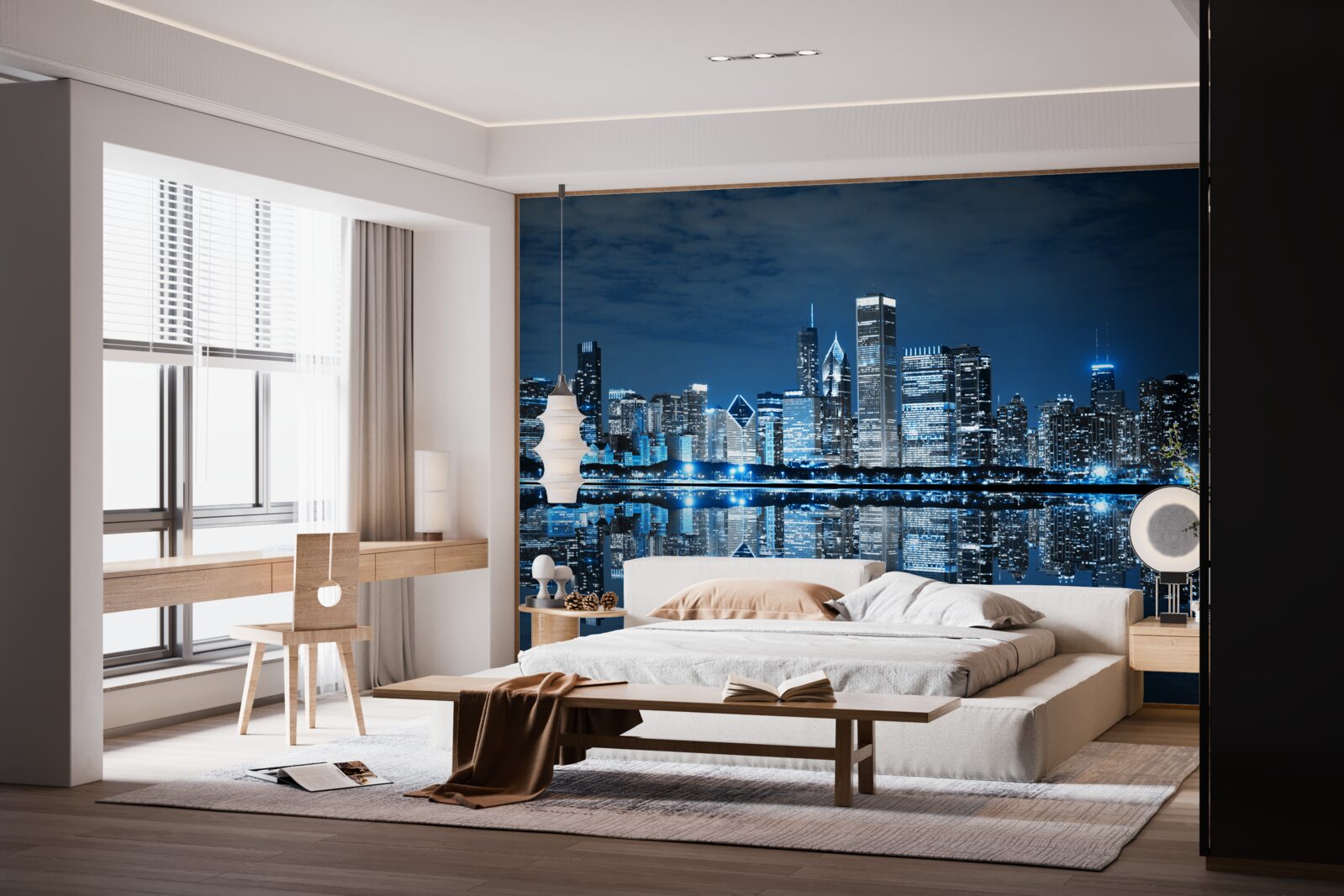 Fototapeta odbicie świateł miasta na powierzchni wody w nocy