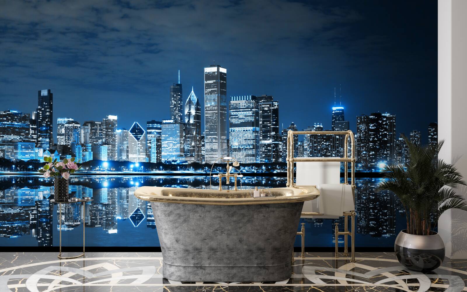 Fototapeta odbicie świateł miasta na powierzchni wody w nocy