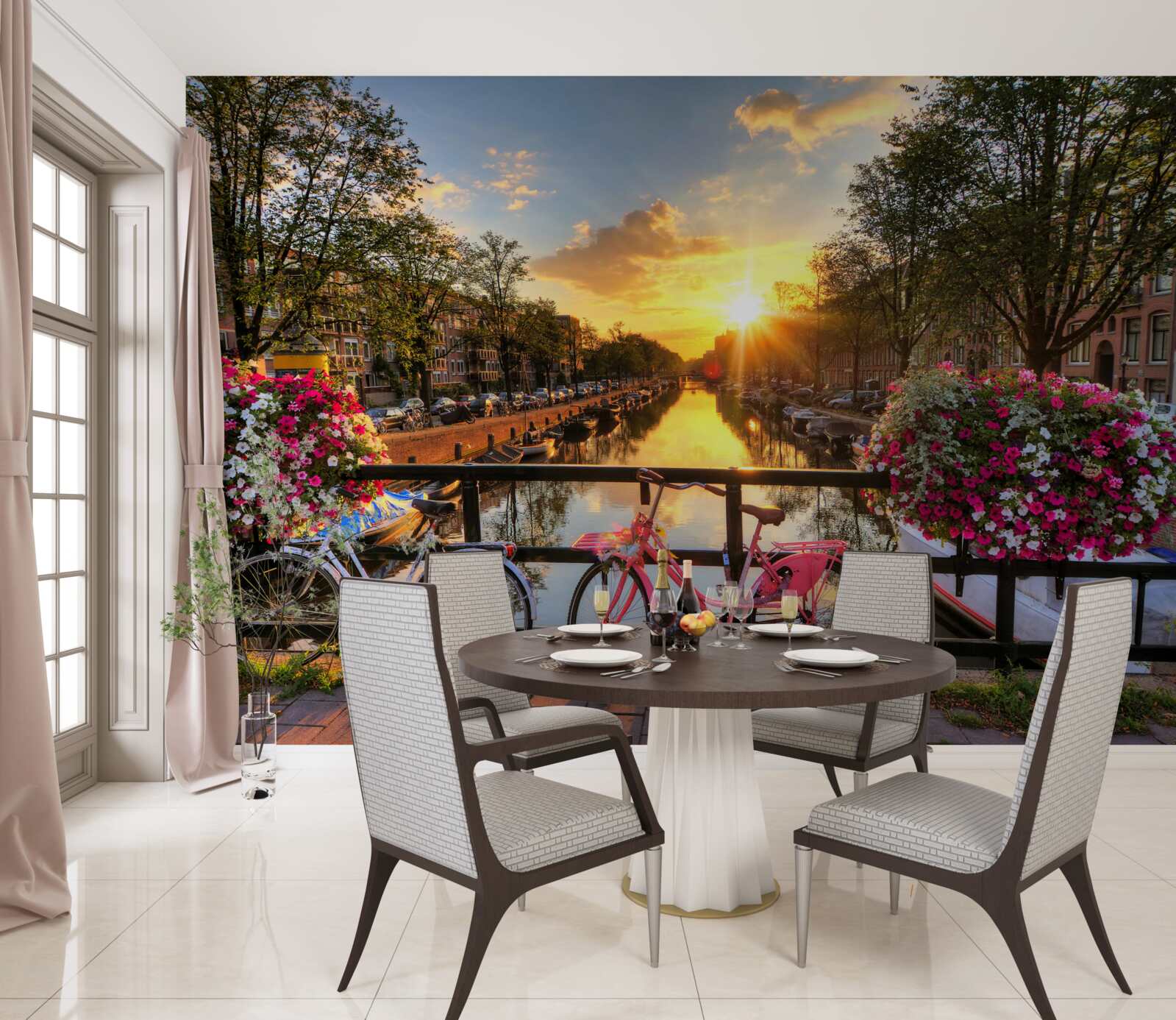 Fototapeta zachód słońca w amsterdamie z rowerami w tle