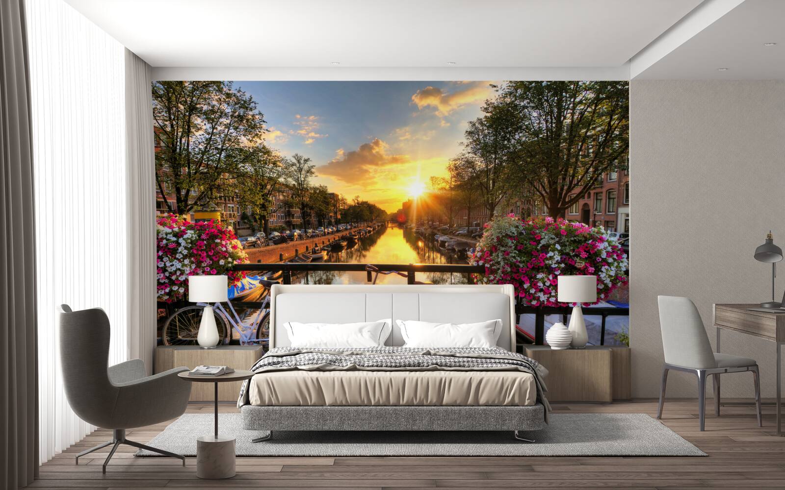 Fototapeta zachód słońca w amsterdamie z rowerami w tle