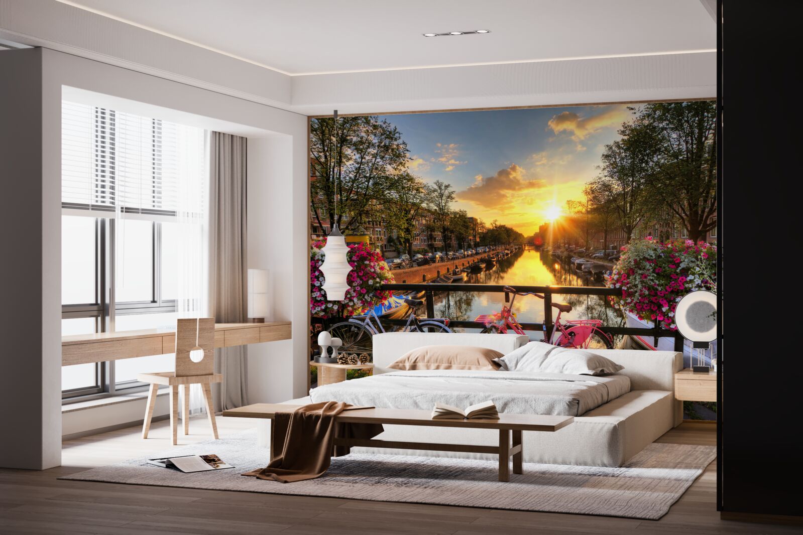 Fototapeta zachód słońca w amsterdamie z rowerami w tle