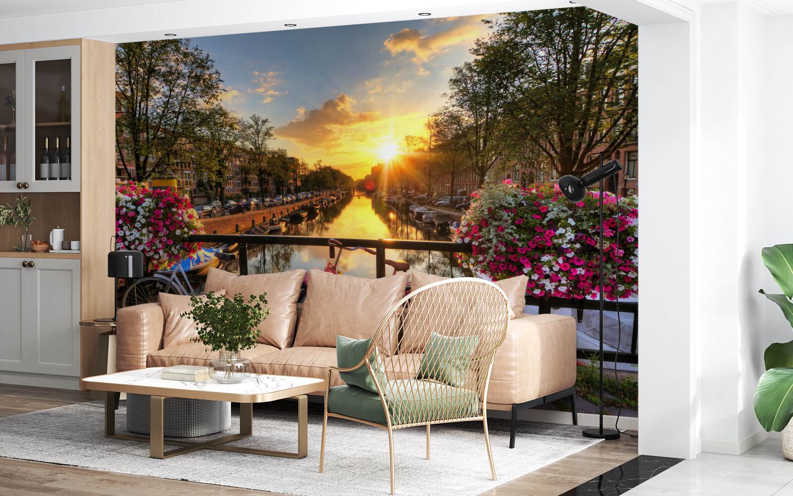 Fototapeta zachód słońca w amsterdamie z rowerami w tle