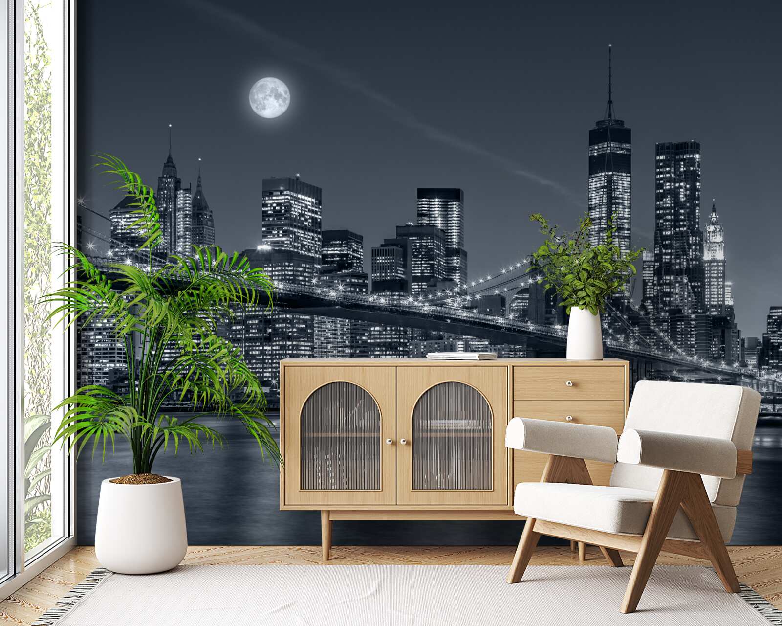 Fototapeta czarno-biały nowy jork w świetle pełni księżyca