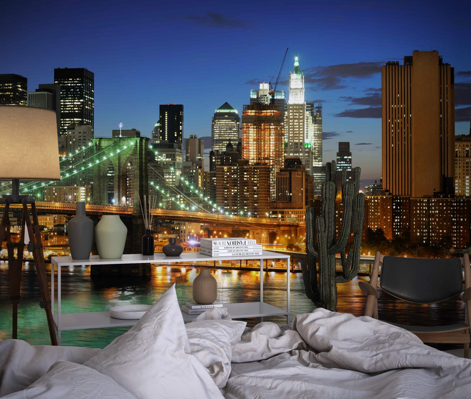 Fototapeta panorama nowego jorku nocą z przeciwległego brzegu