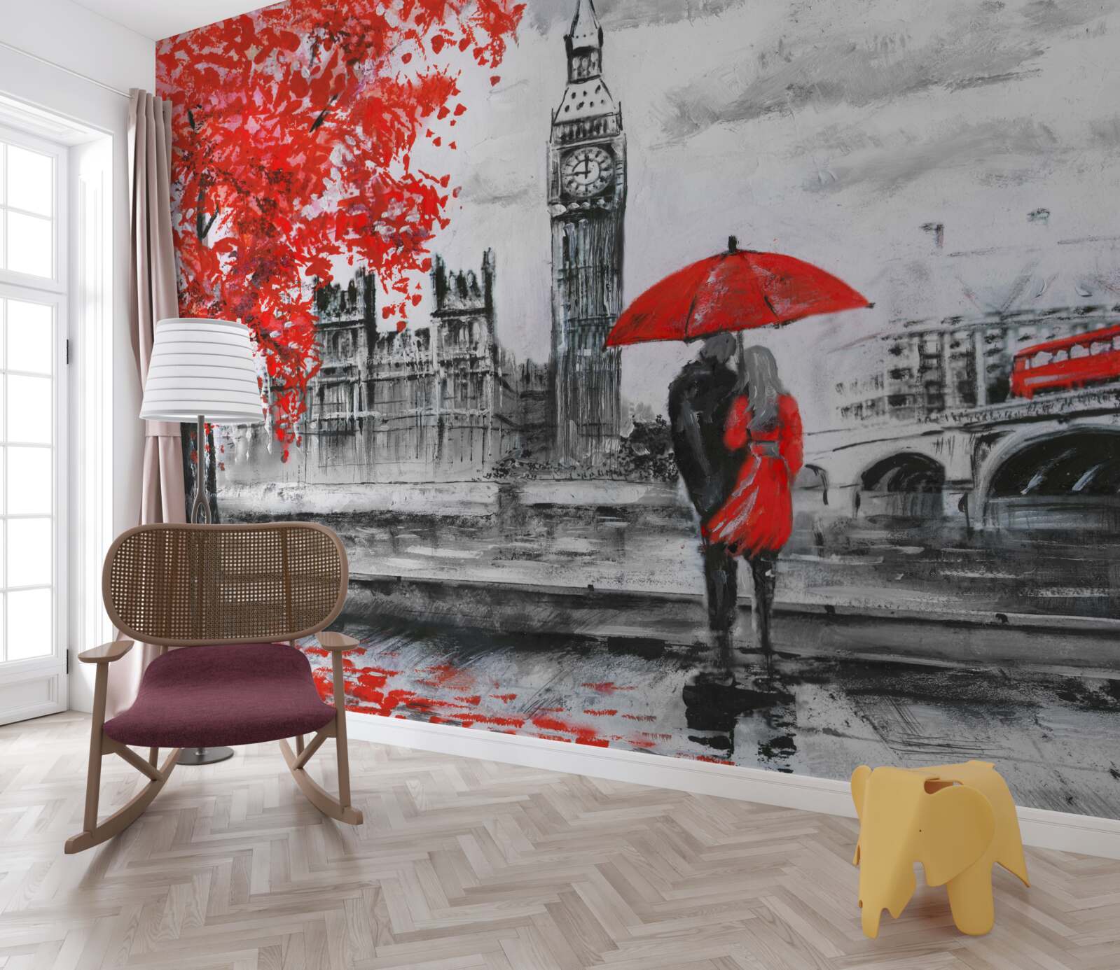 Fototapeta dwie osoby pod szkarłatnym parasolem spoglądają na big bena