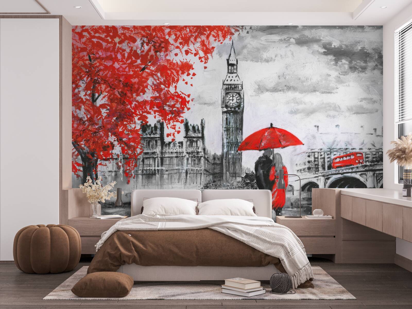 Fototapeta dwie osoby pod szkarłatnym parasolem spoglądają na big bena