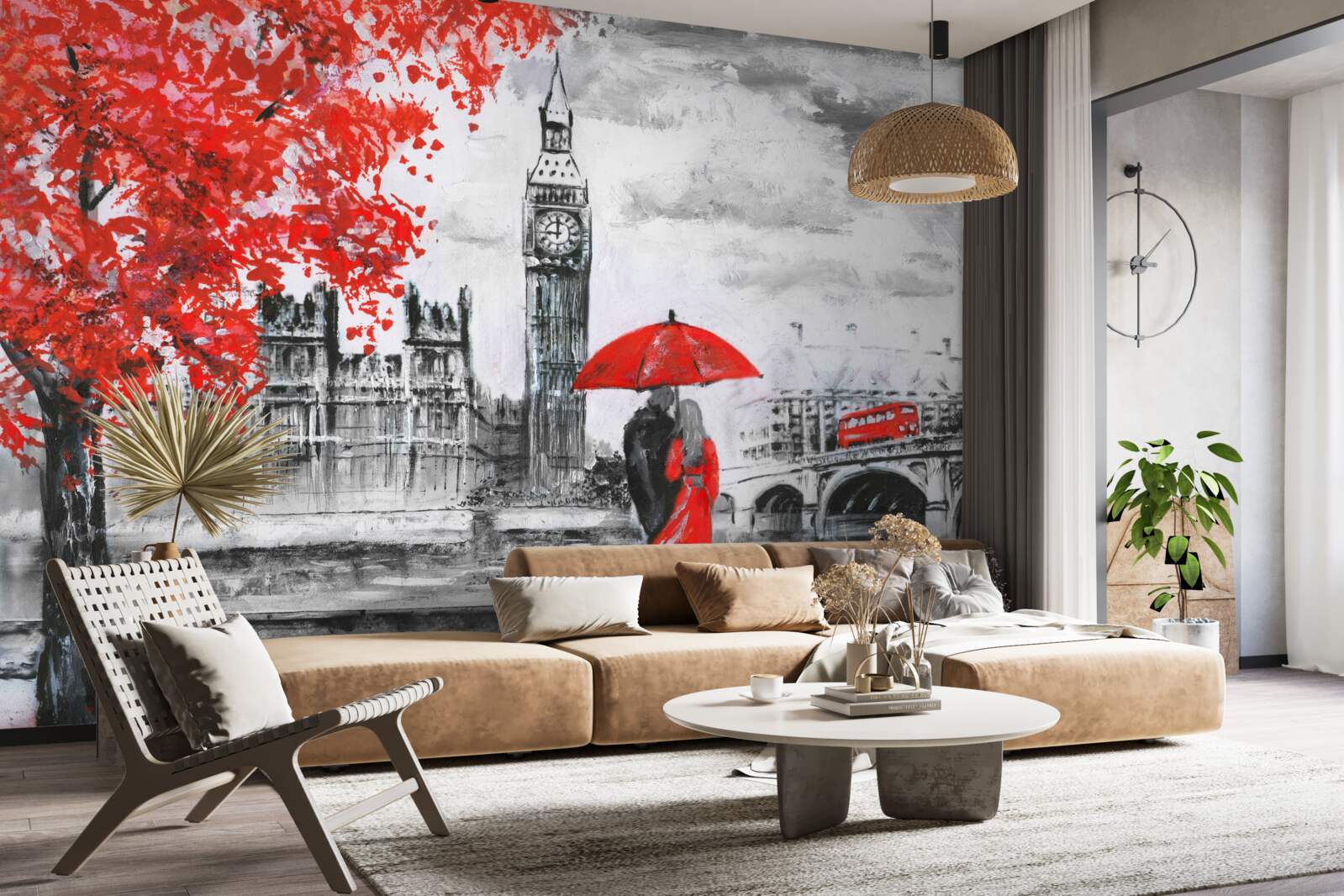 Fototapeta dwie osoby pod szkarłatnym parasolem spoglądają na big bena