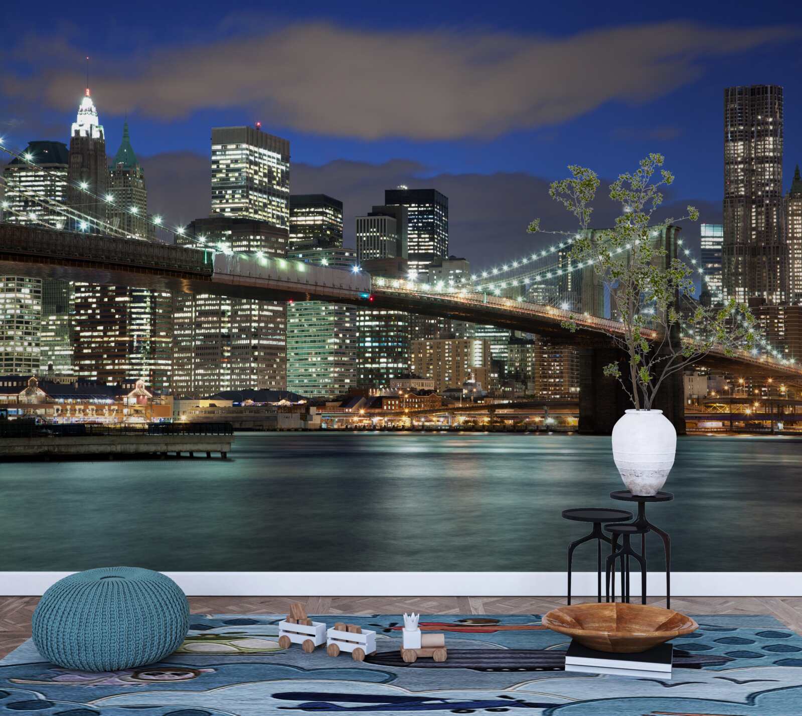 Fototapeta miasto nocą zdobi kontury mostu brooklińskiego