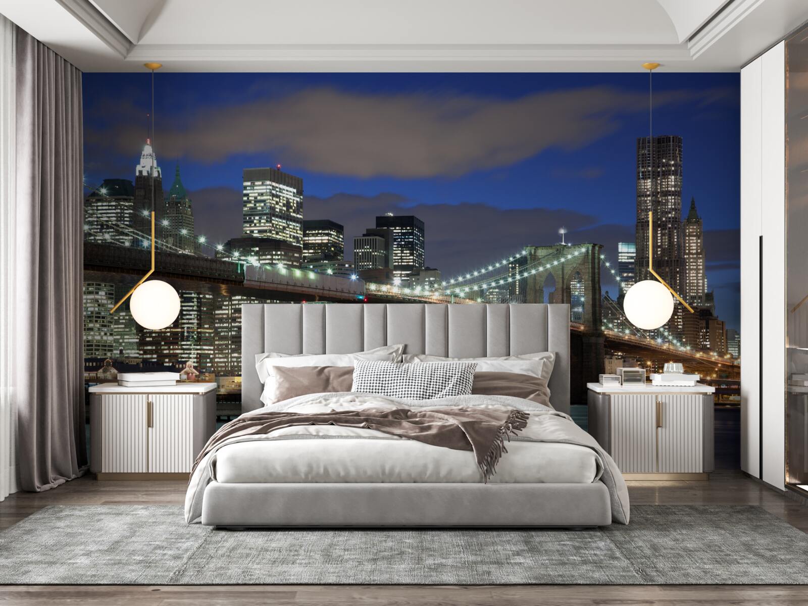 Fototapeta miasto nocą zdobi kontury mostu brooklińskiego