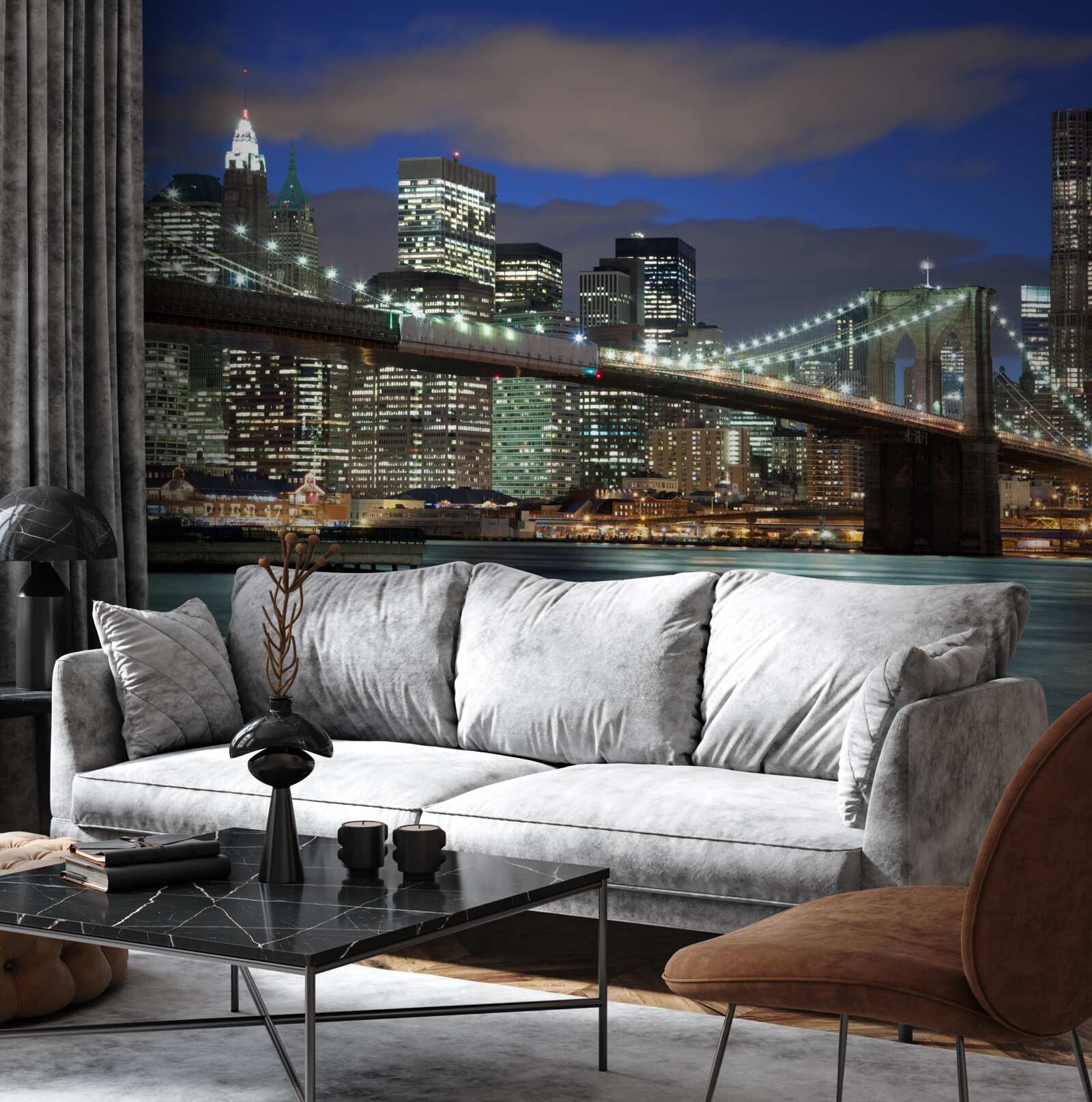 Fototapeta miasto nocą zdobi kontury mostu brooklińskiego