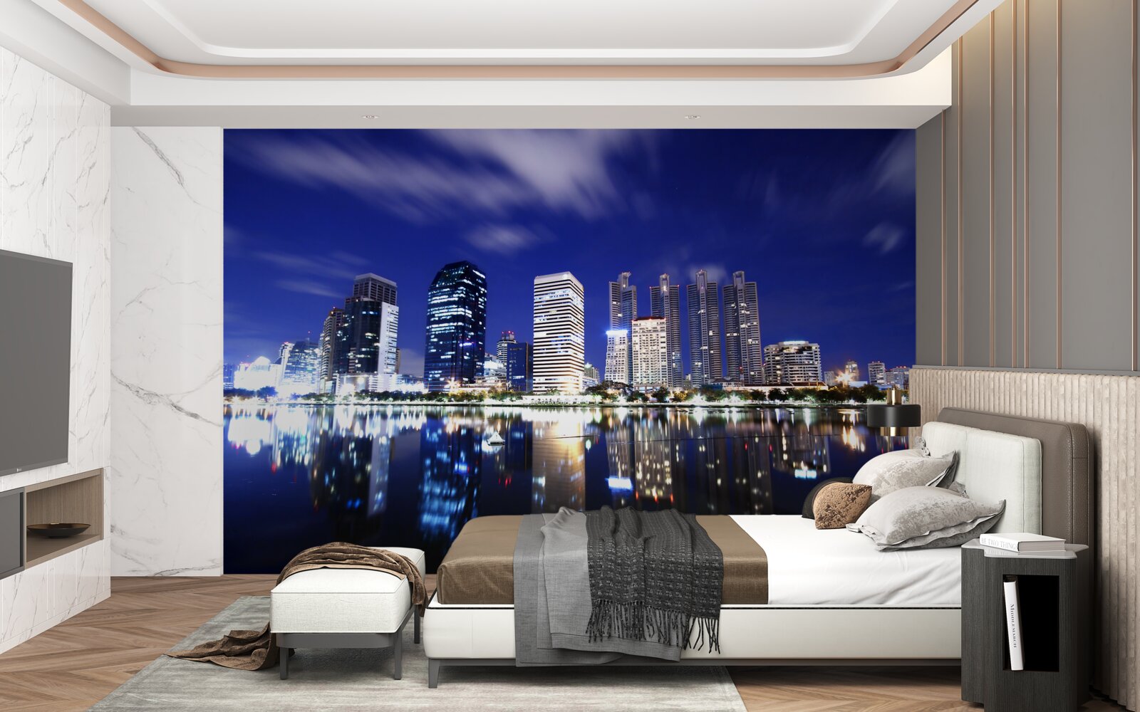 Fototapeta odbicie drapaczy chmur w wodzie w nocy