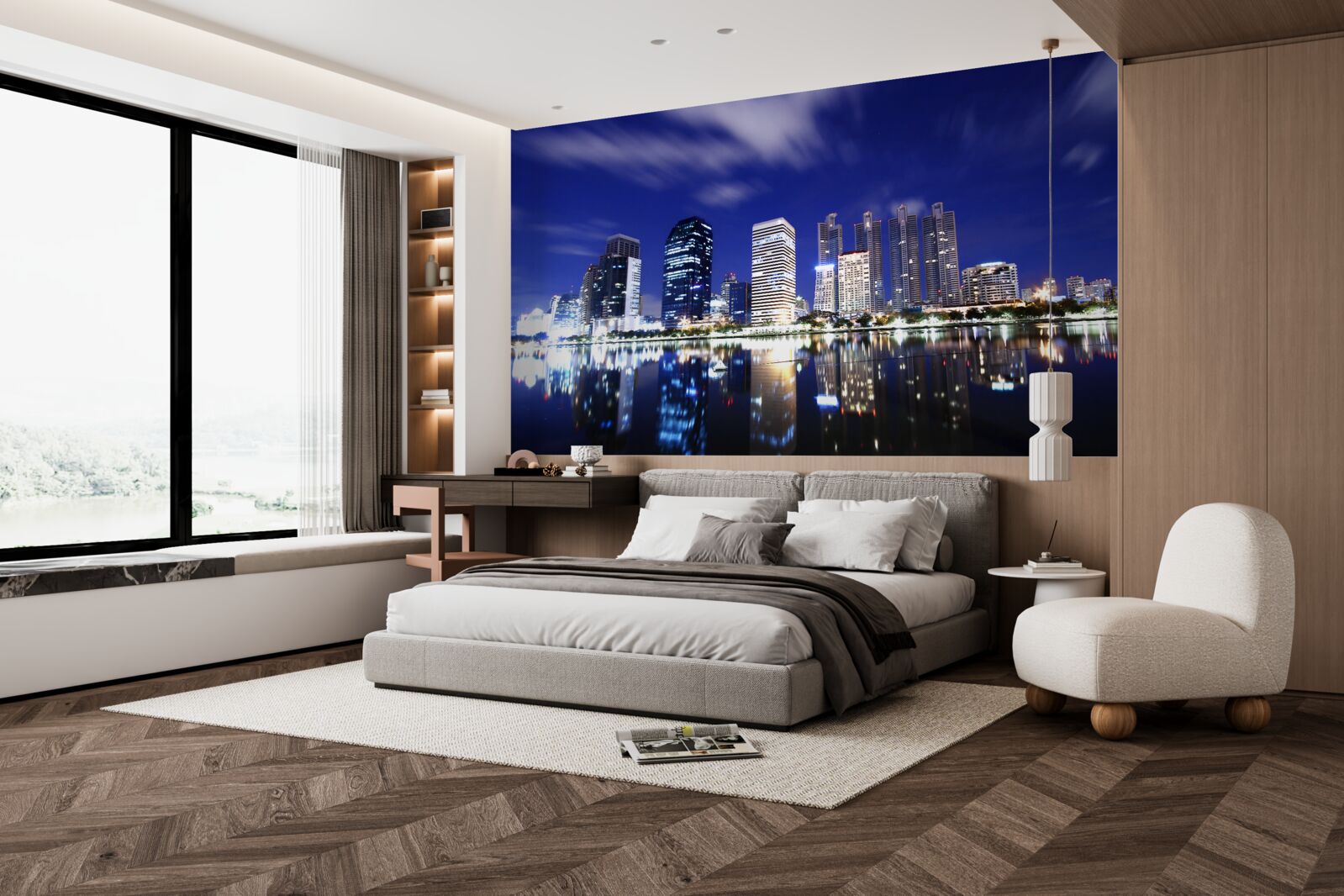 Fototapeta odbicie drapaczy chmur w wodzie w nocy