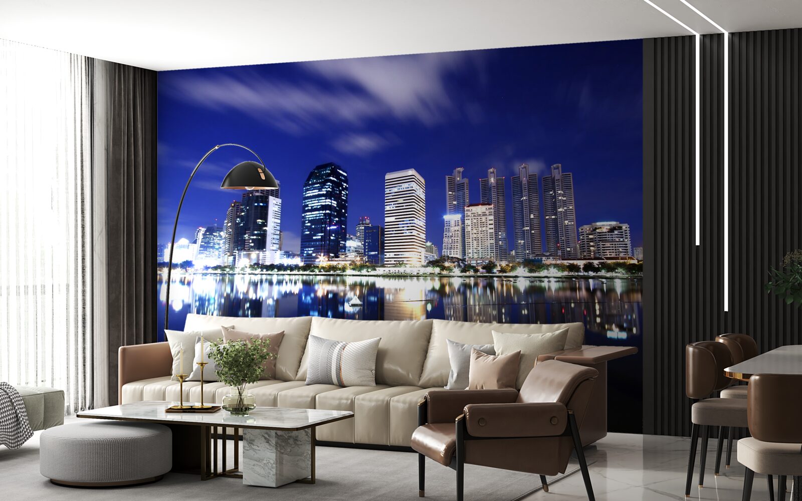 Fototapeta odbicie drapaczy chmur w wodzie w nocy